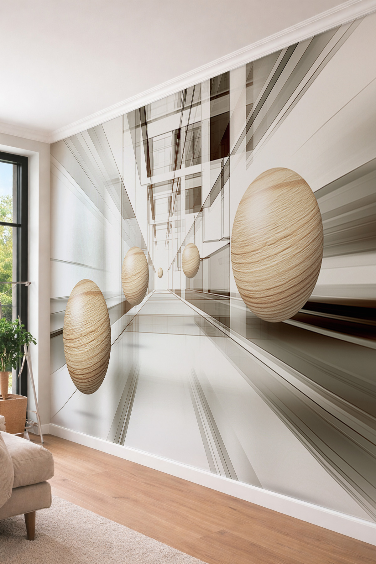 Dreamwall 3D Geometrik Perspektif ve Ahşap Objeler Tek Parça Tekstil Duvar Kağıdı