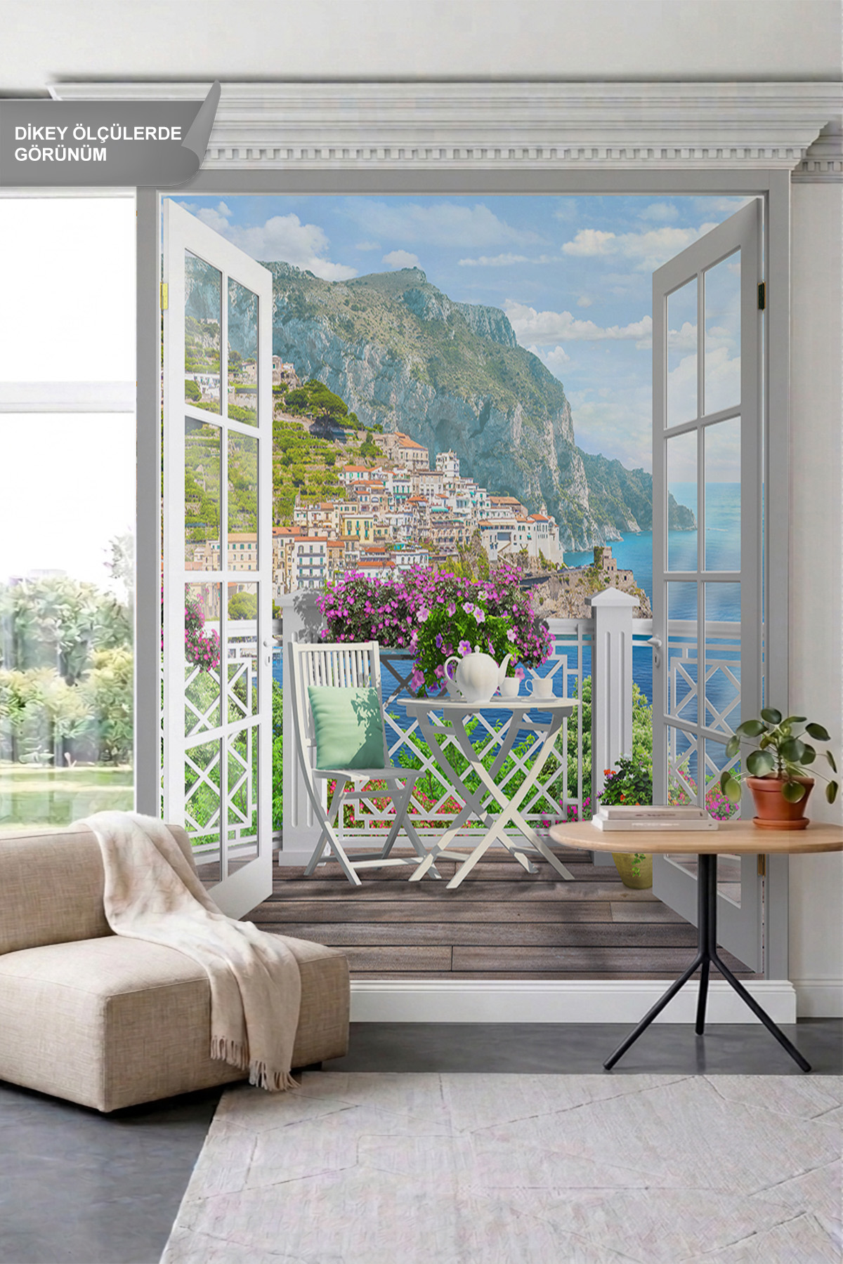 Dreamwall Açık Balkon, Çay Masası, Amalfi Sahili ve Deniz ManzaralıTek Parça Tekstil Duvar Kağıdı görsel 1