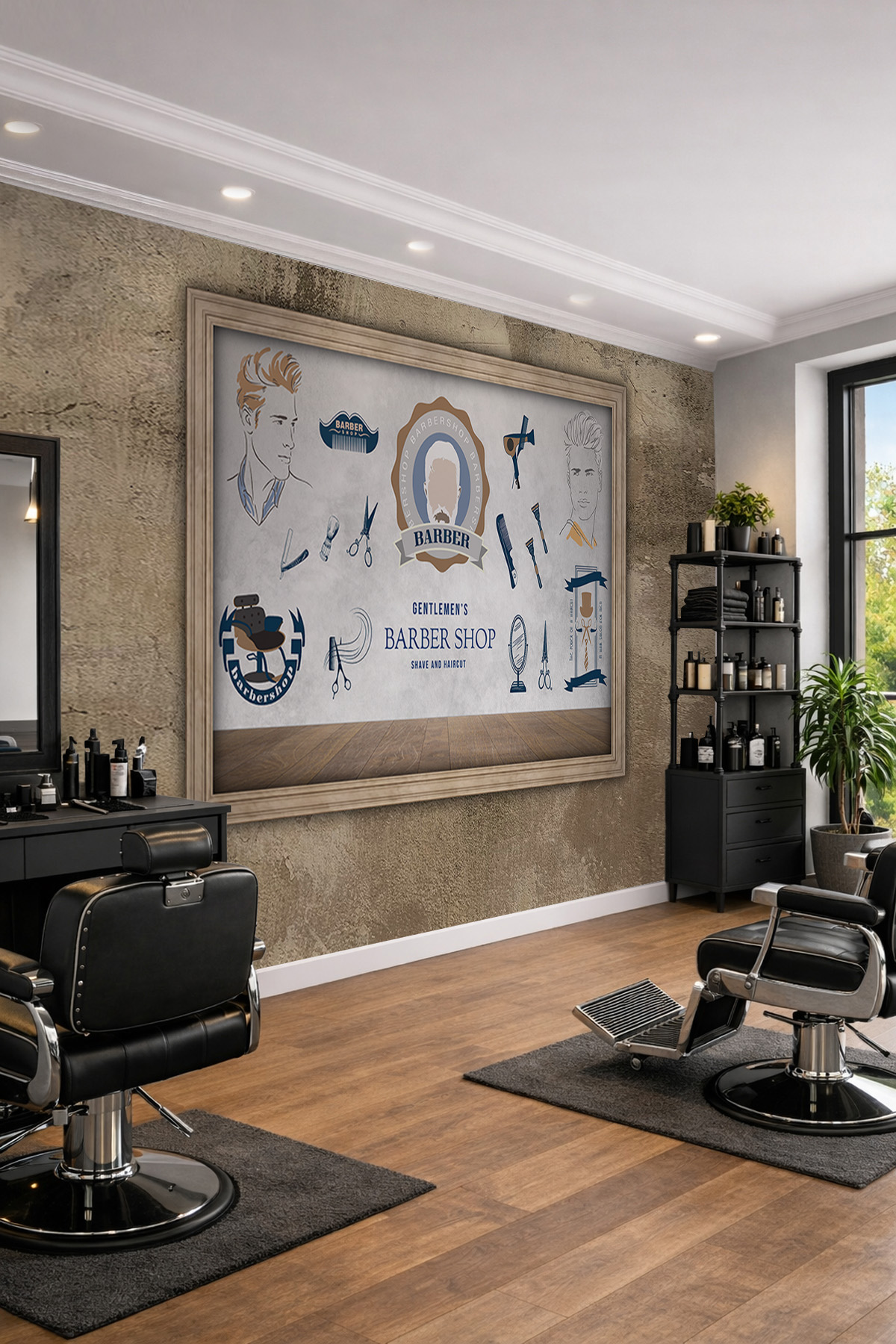 Dreamwall Ahşap Çerçeve ve Berber Konseptli Tipografik Desenli Tek Parça Tekstil Duvar Kağıdı görsel 1