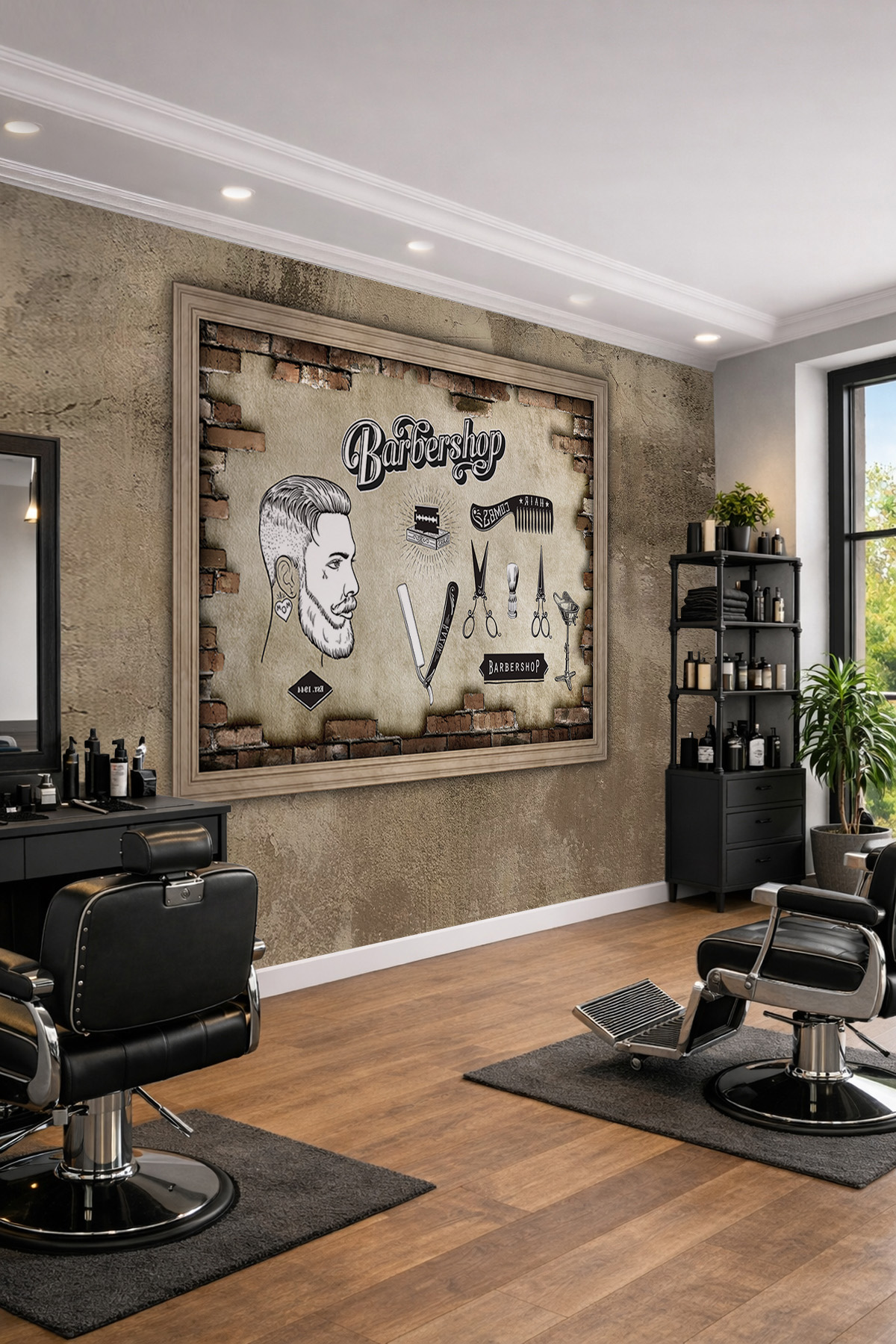 Dreamwall Ahşap Çerçeve ve Tuğla Detaylı Berber Konseptli Tek Parça Tekstil Duvar Kağıdı görsel 1