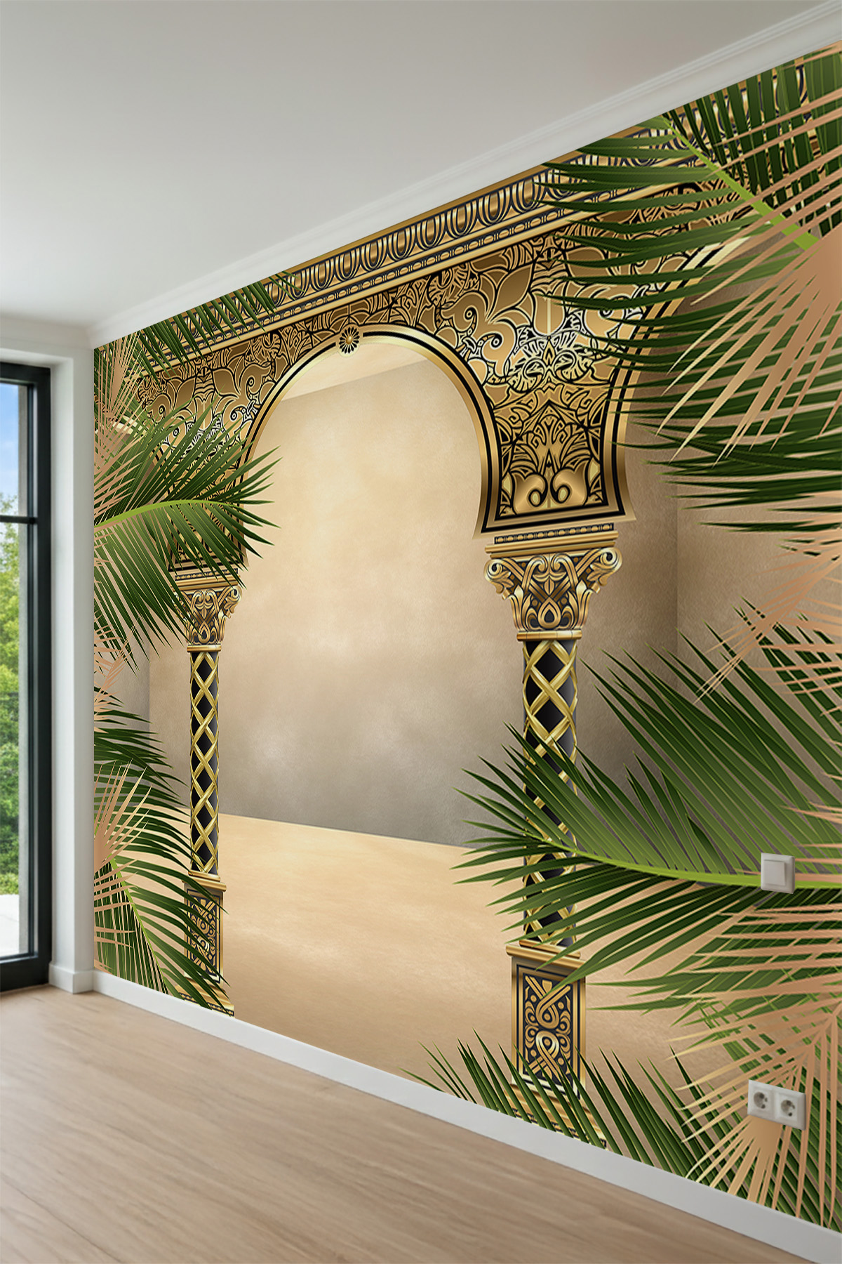 Dreamwall Altın İşlemeli Oriental Kemerler, Sütunlar ve Palmiye Dalları Tek Parça Tekstil Duvar Kağıdı görsel 1