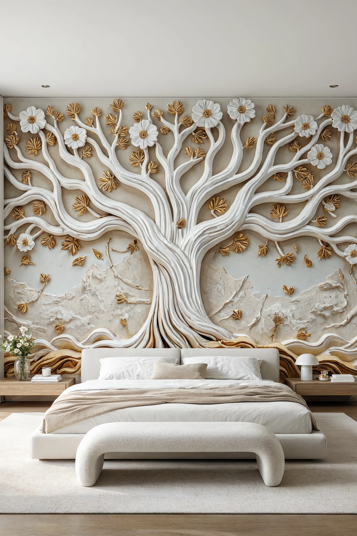 Dreamwall Altın Kökler- Çiçekli Ağaç Desenli Tek Parça Tekstil Duvar Kağıdı görsel 1