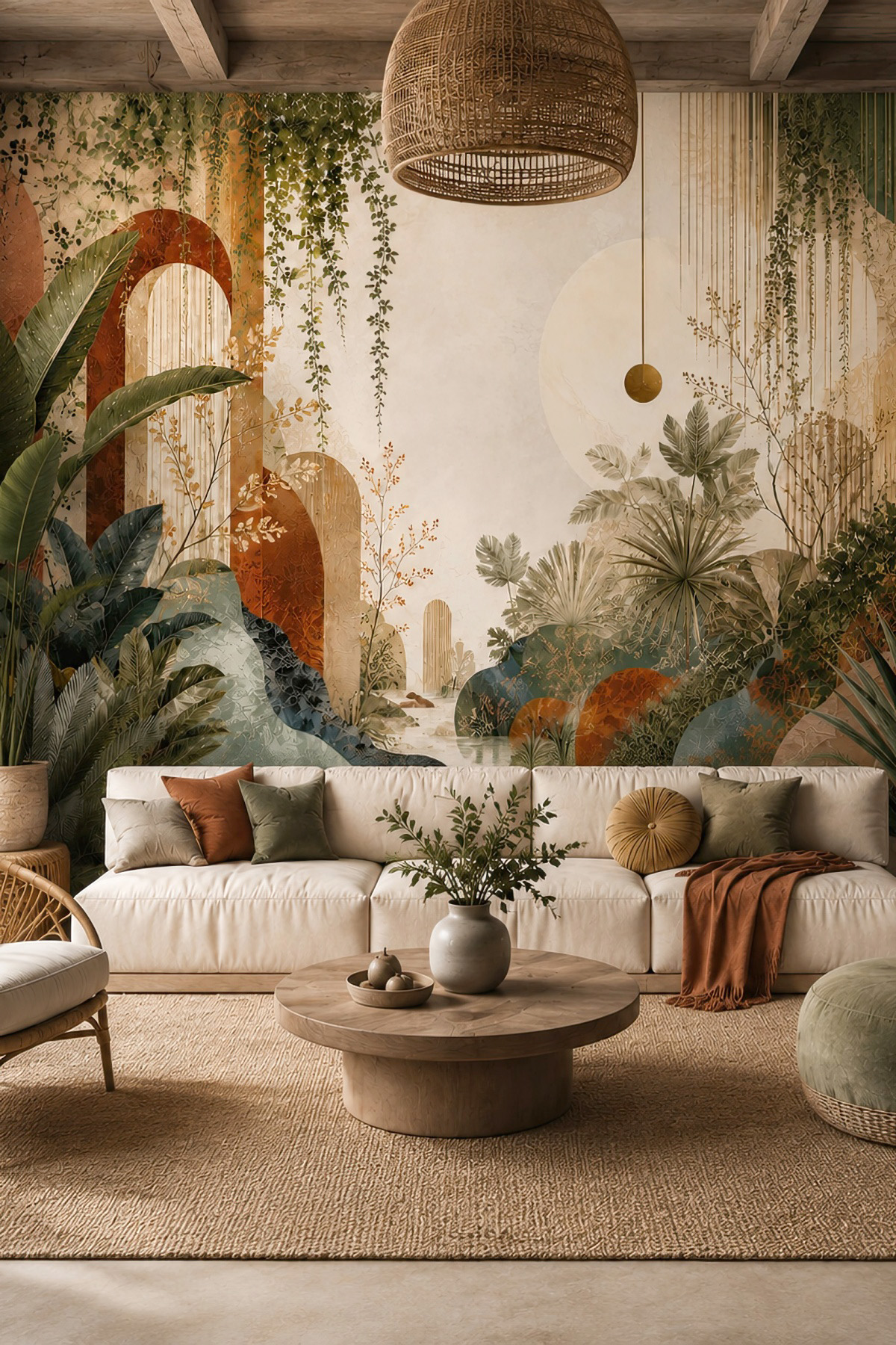 Dreamwall Altın Ufuk Bahçeleri Boho Botanik Desenli Tek Parça Tekstil Duvar Kağıdı görsel 1