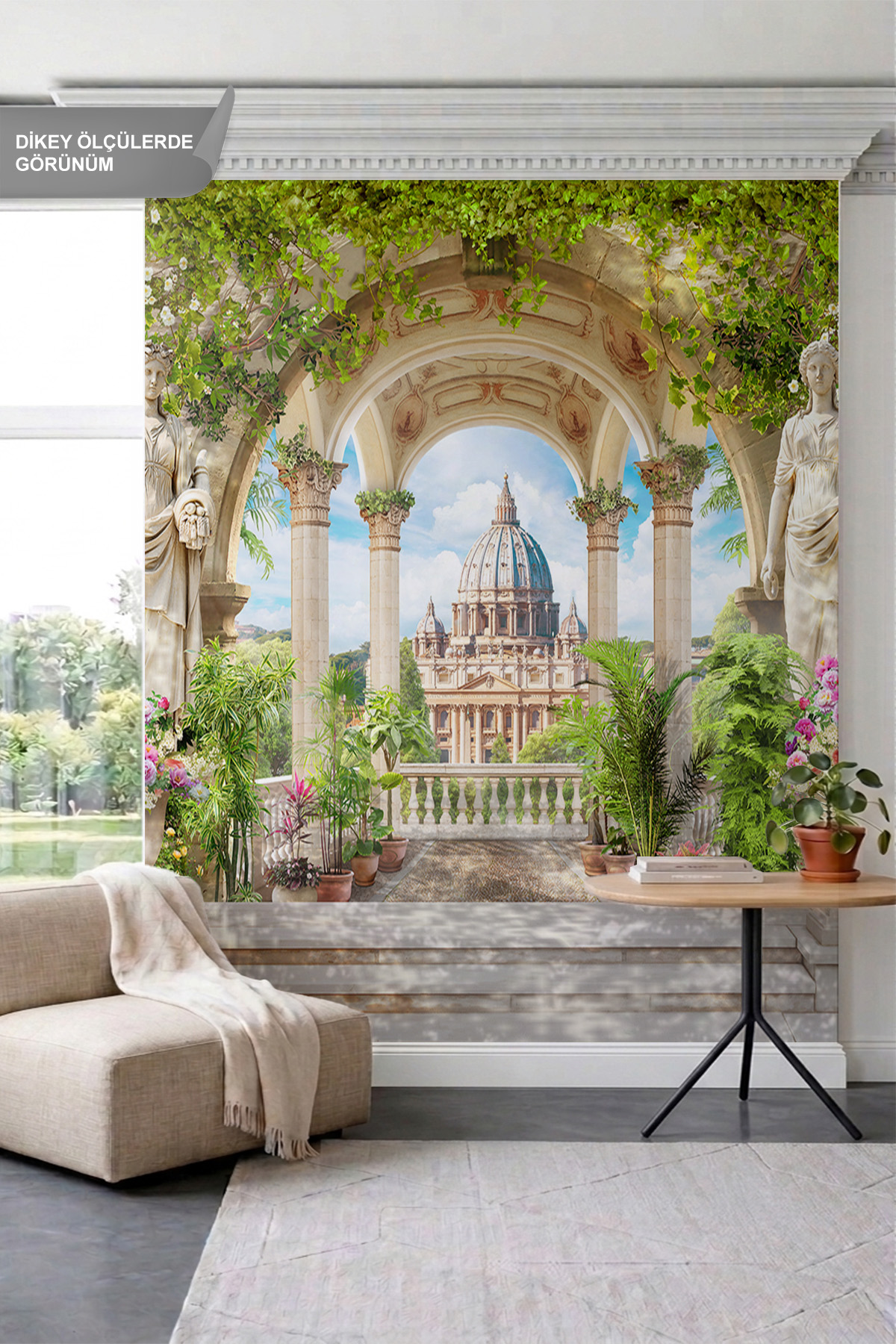 Dreamwall Antik Heykelli Taş Kemerler, Sarmaşıklar ve Tarihi Yapı Manzaralı Tek Parça Tekstil Duvar Kağıdı görsel 1