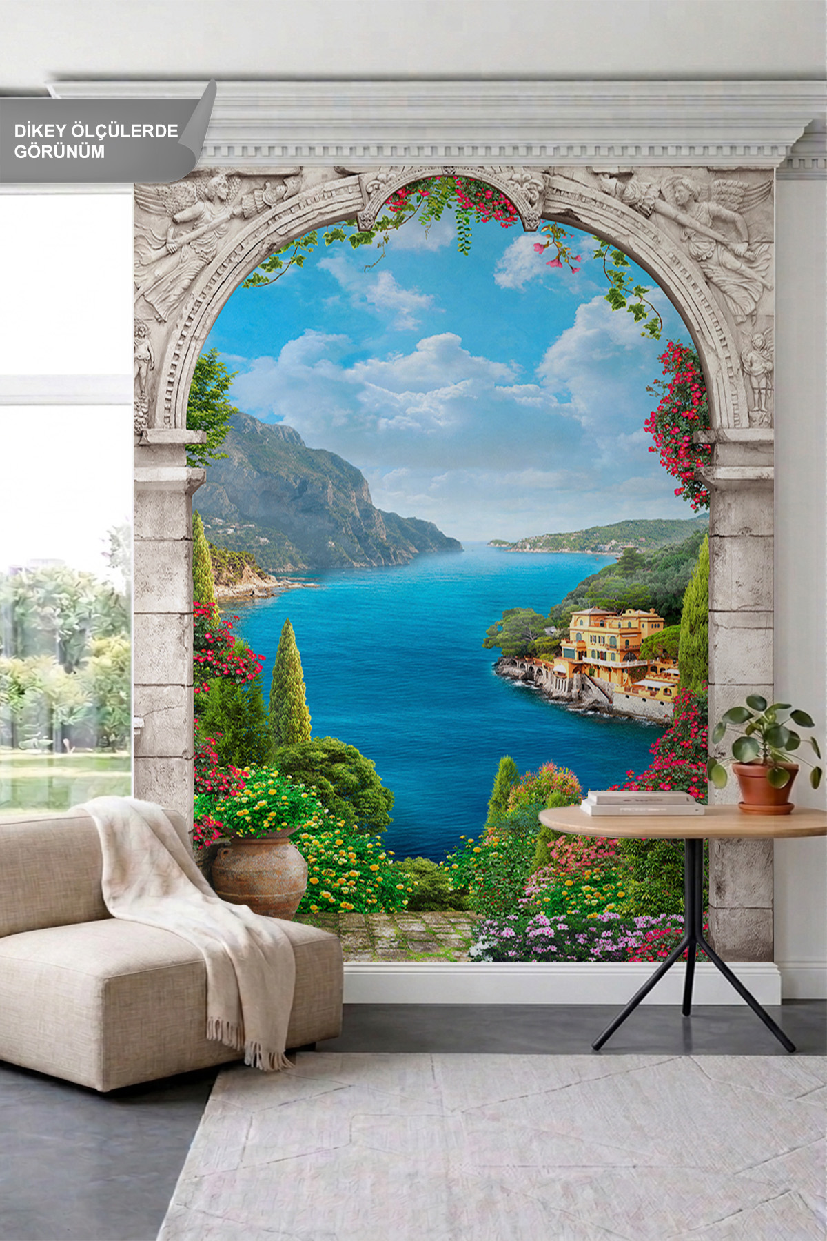 Dreamwall Antik Kabartma Sütunlu Kemer, Deniz ve Sahil Kasabası Tek Parça Tekstil Duvar Kağıdı görsel 1