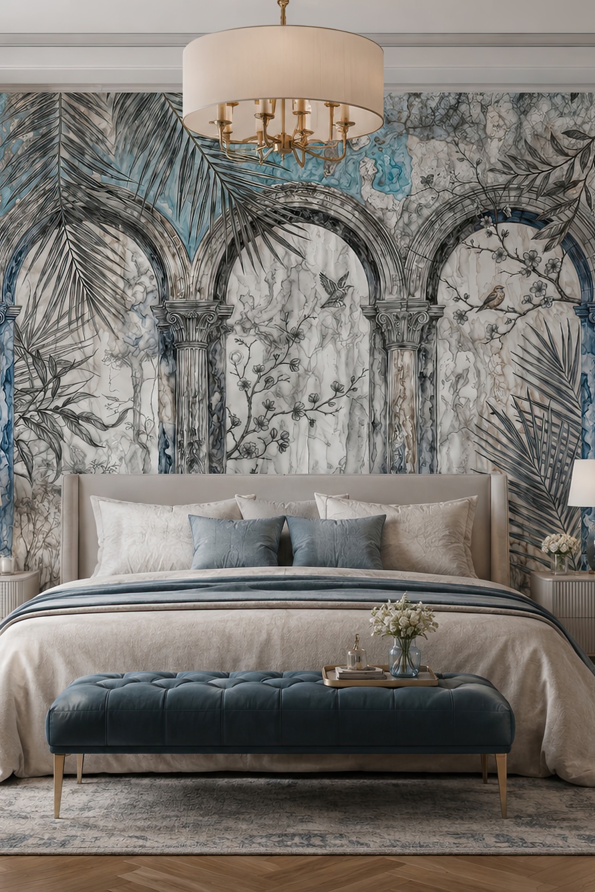 Dreamwall Antik Su Sarayı Kemerler ve Kuşlar Desenli Tek Parça Tekstil Duvar Kağıdı görsel 1