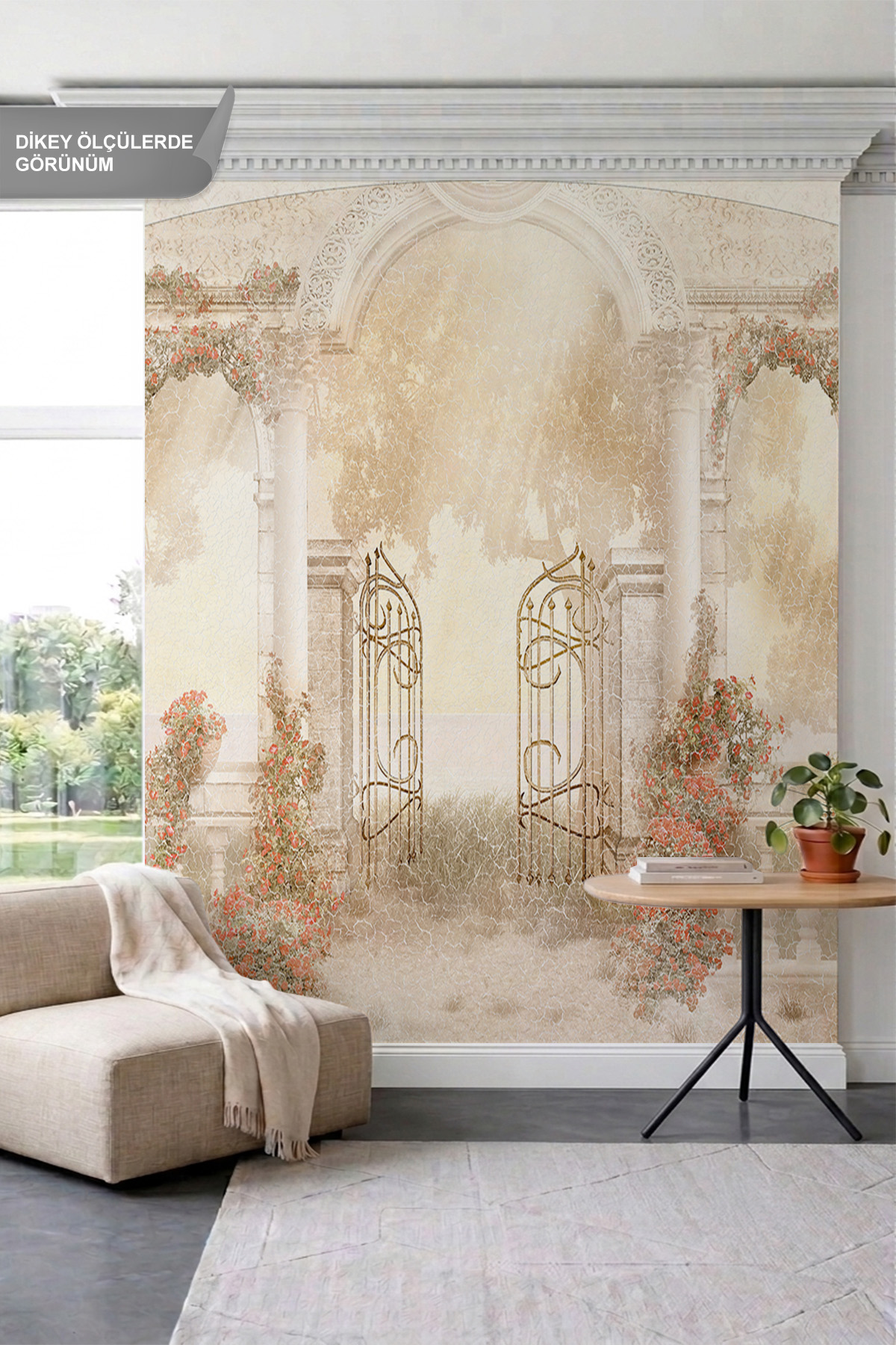 Dreamwall Antik Taş Kemerler, Sarmaşık Güller ve Eskitme Manzaralı Tek Parça Tekstil Duvar Kağıdı görsel 1