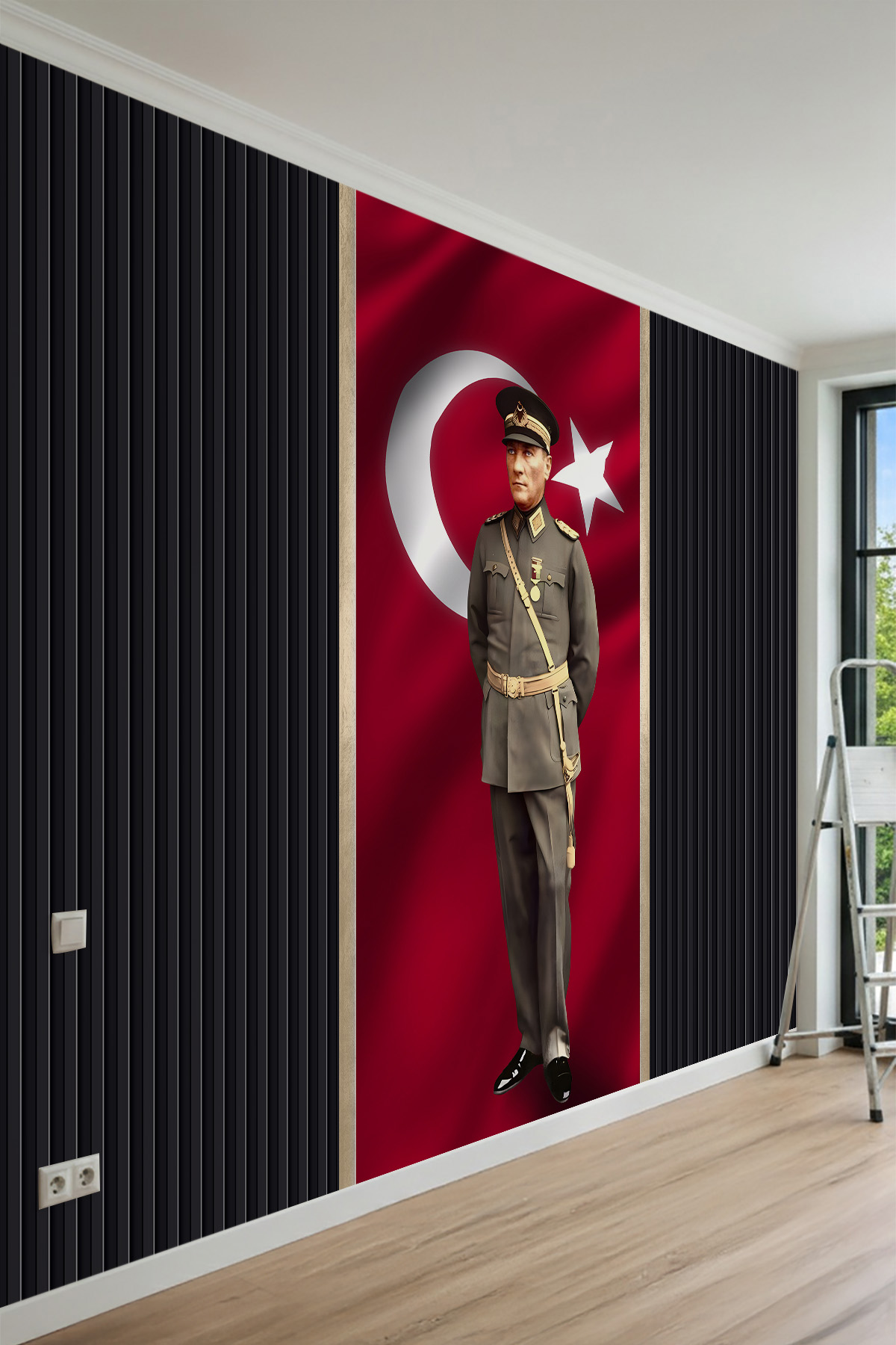 Dreamwall Askeri Üniformalı Atatürk Portresi ve Türk Bayrağı Desenli Tek Parça Tekstil Duvar Kağıdı görsel 1