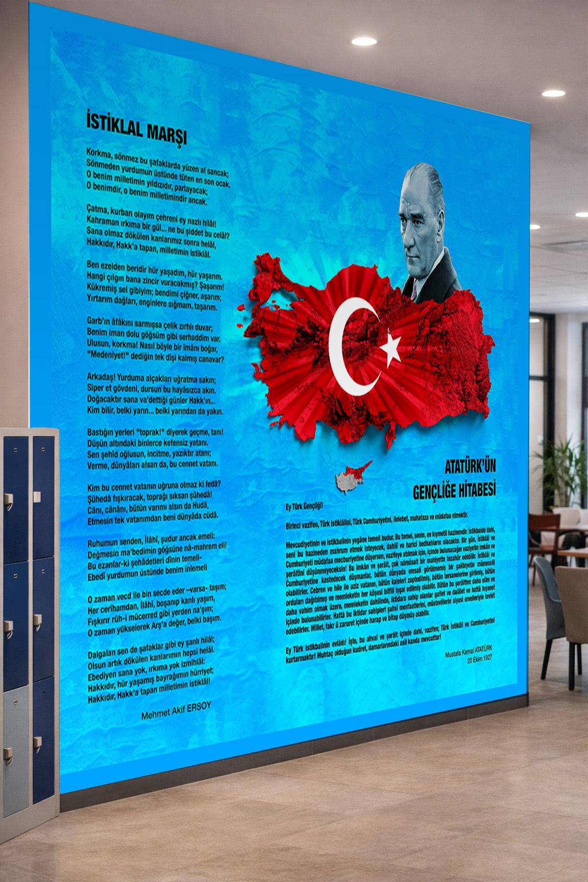 Dreamwall Atatürk Portresi, Kırmızı Türkiye Haritası, İstiklal Marşı ve Gençliğe Hitabe Motifli Tek Parça Tekstil Duvar Kağıdı görsel 1