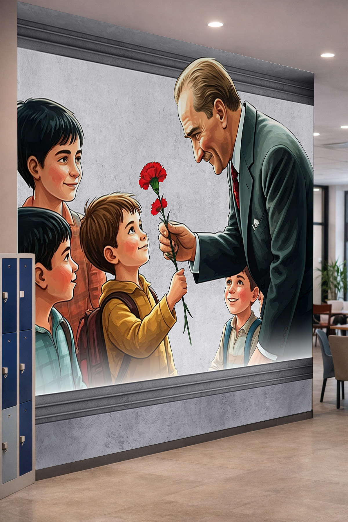Dreamwall Atatürk ve Çocuklar, Kırmızı Karanfil ve Çerçeve Motifli Tek Parça Tekstil Duvar Kağıdı görsel 1