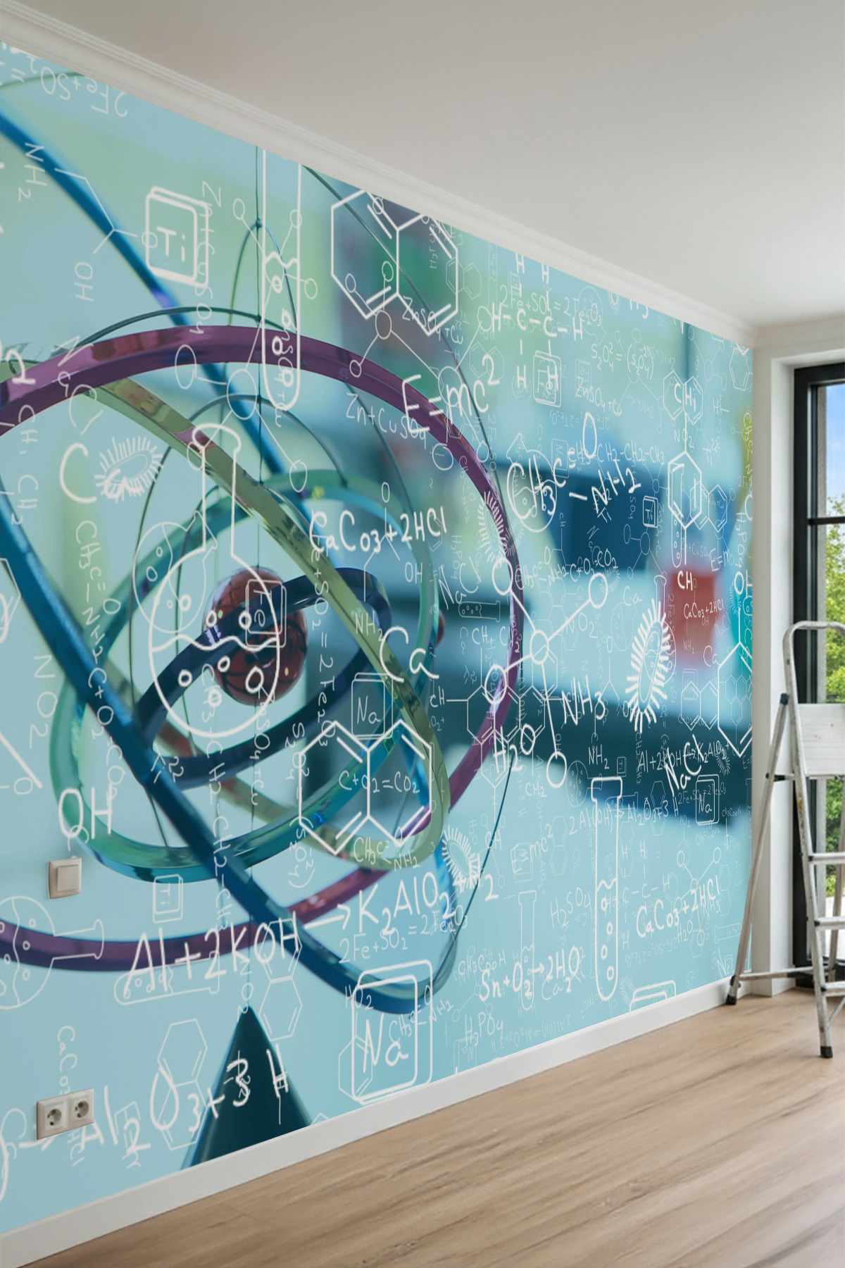 Dreamwall Atom Modeli, Kimyasal Formüller ve Bilimsel Çizim Motifli Tek Parça Tekstil Duvar Kağıdı görsel 1