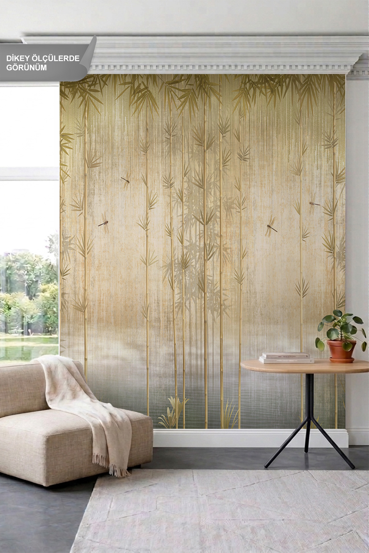 Dreamwall Bambu Çubukları ve Yusufçuk Böcekleri Mistik Dokulu Tek Parça Tekstil Duvar Kağıdı görsel 1