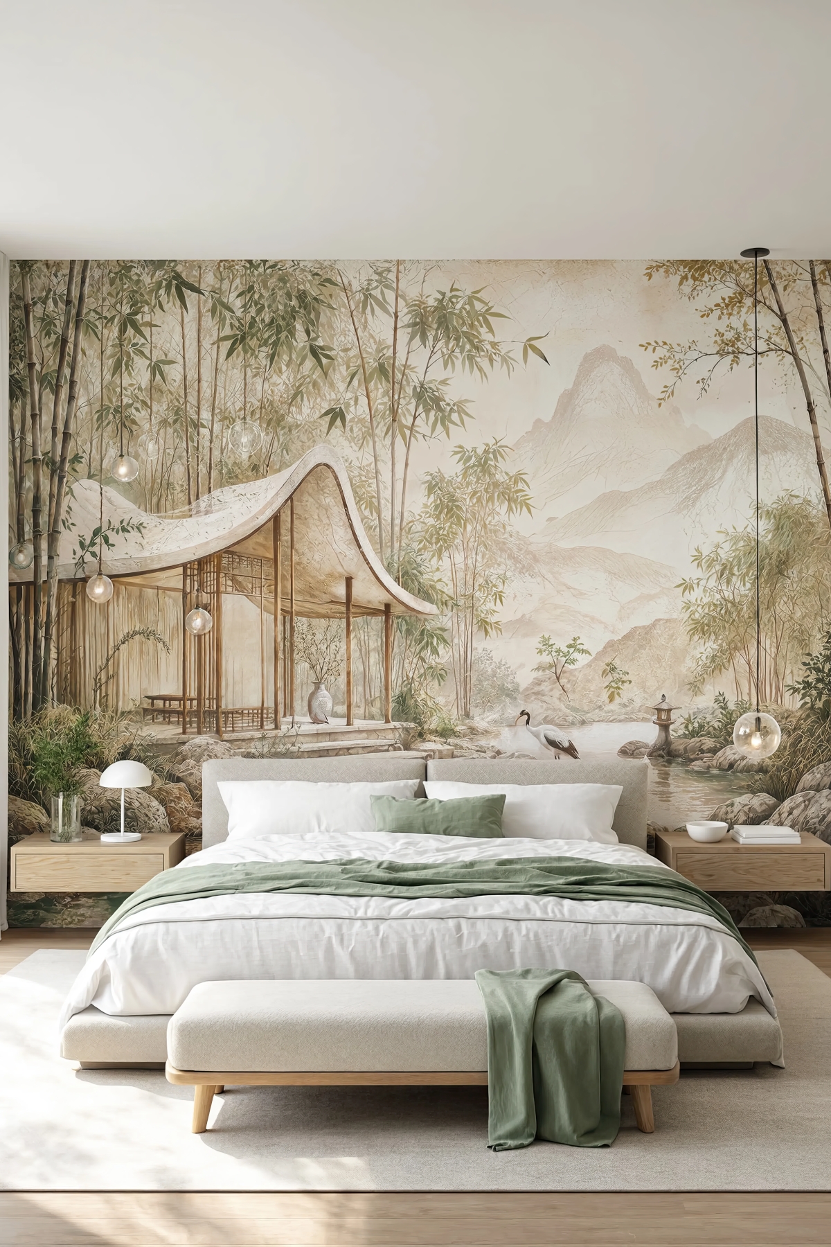 Dreamwall Bambu Sessizliği Bambu Sütunlu Bahçeli Ev Desenli Tek Parça Tekstil Duvar Kağıdı görsel 1