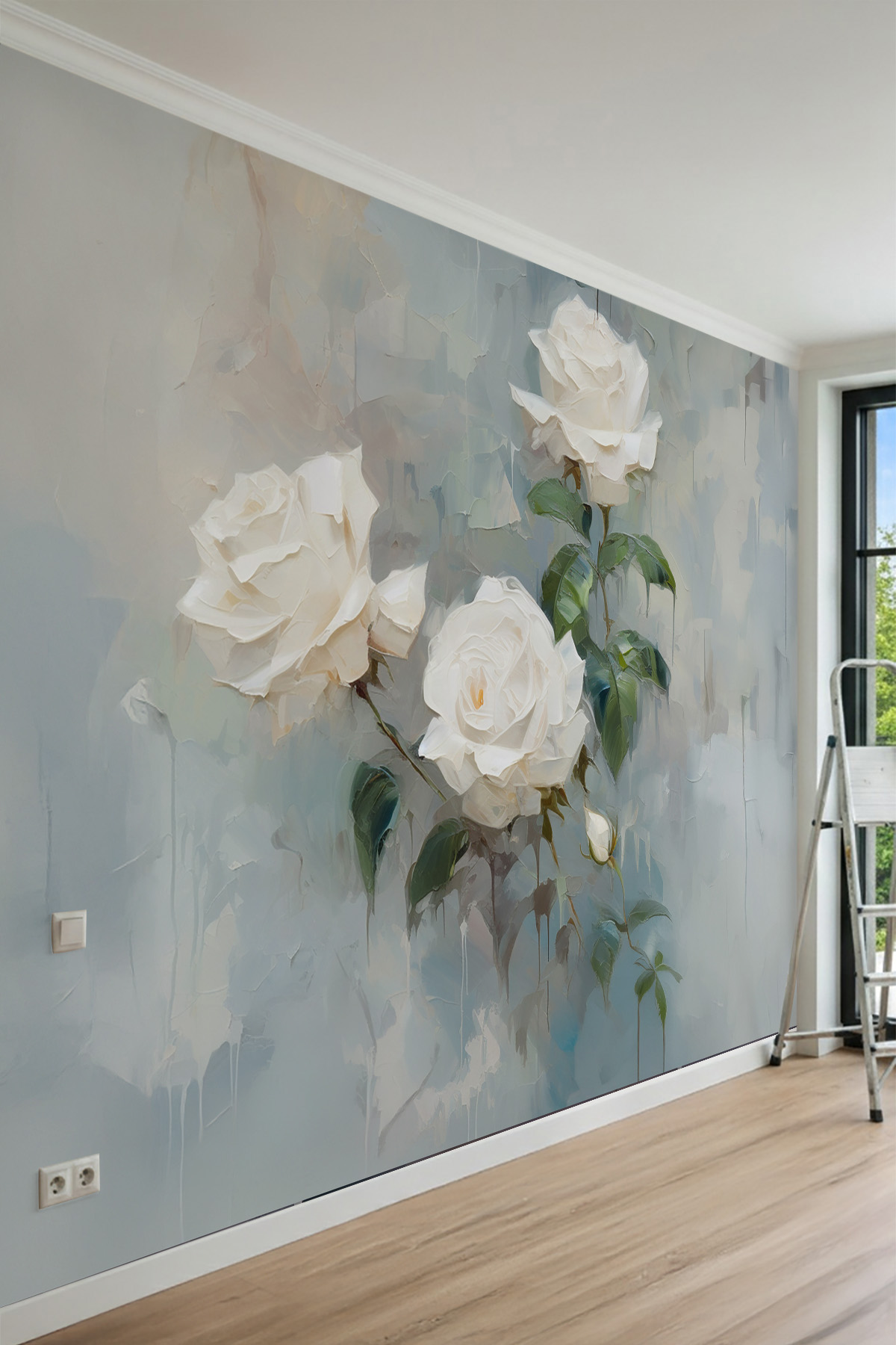 Dreamwall Beyaz Gül Motifli Sanatsal Tek Parça Tekstil Duvar Kağıdı görsel 1