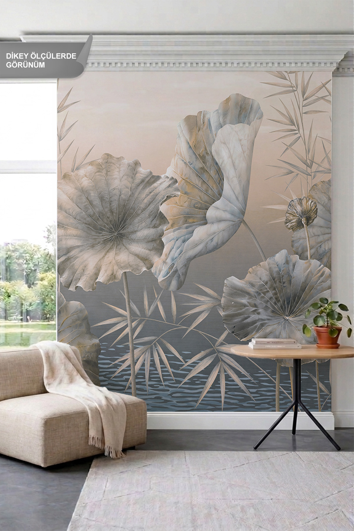 Dreamwall Büyük Lotus Yaprakları, Bambu Dalları ve Su Dalgaları Motifli Tek Parça Tekstil Duvar Kağıdı görsel 1