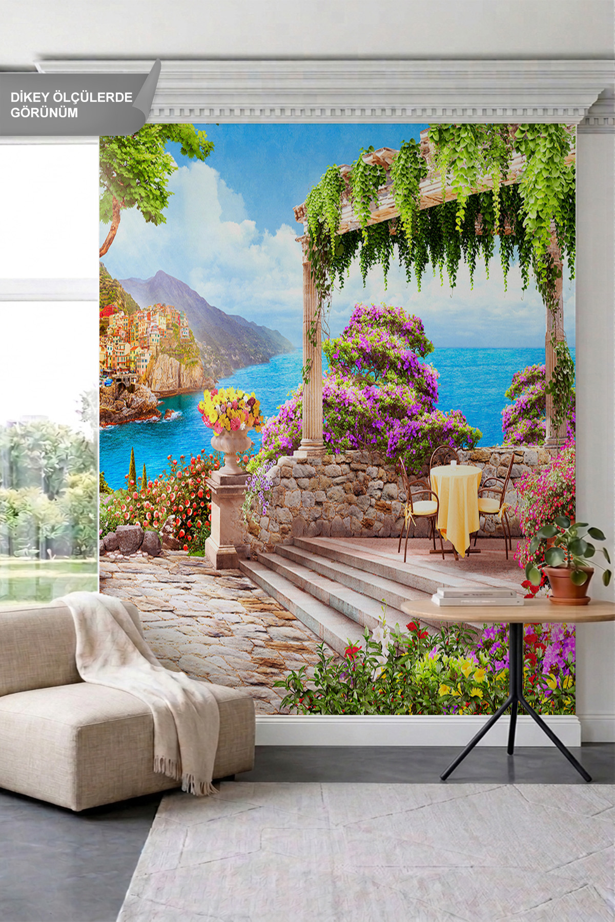 Dreamwall Çiçekli Pergola, Masa Sandalye Seti, Sahil Köyü ve Deniz Manzaralı Tek Parça Tekstil Duvar Kağıdı görsel 1