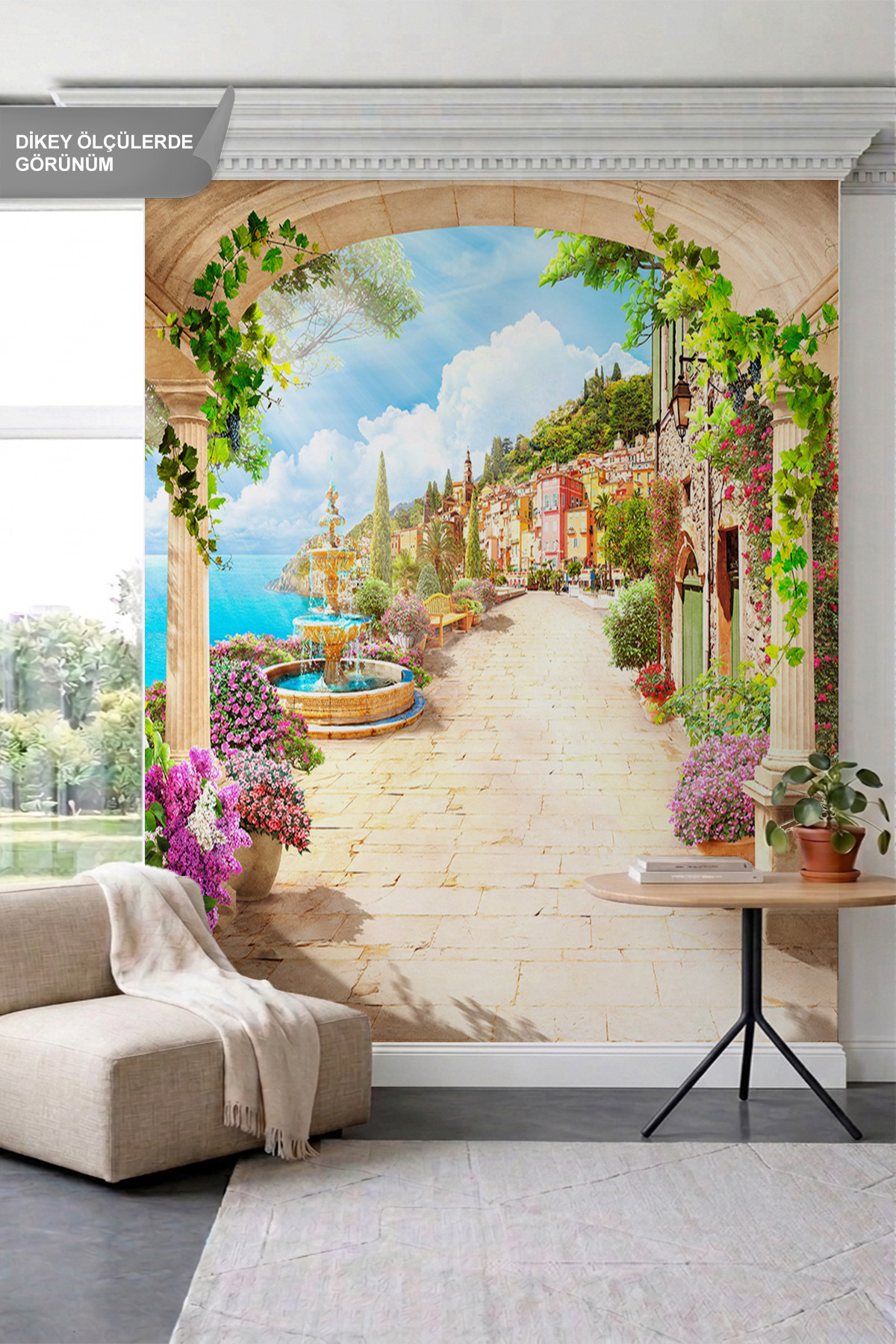 Dreamwall Çiçekli Teras, Fıskiyeli Havuz ve Deniz Manzaralı Tek Parça Tekstil Duvar Kağıdı görsel 1