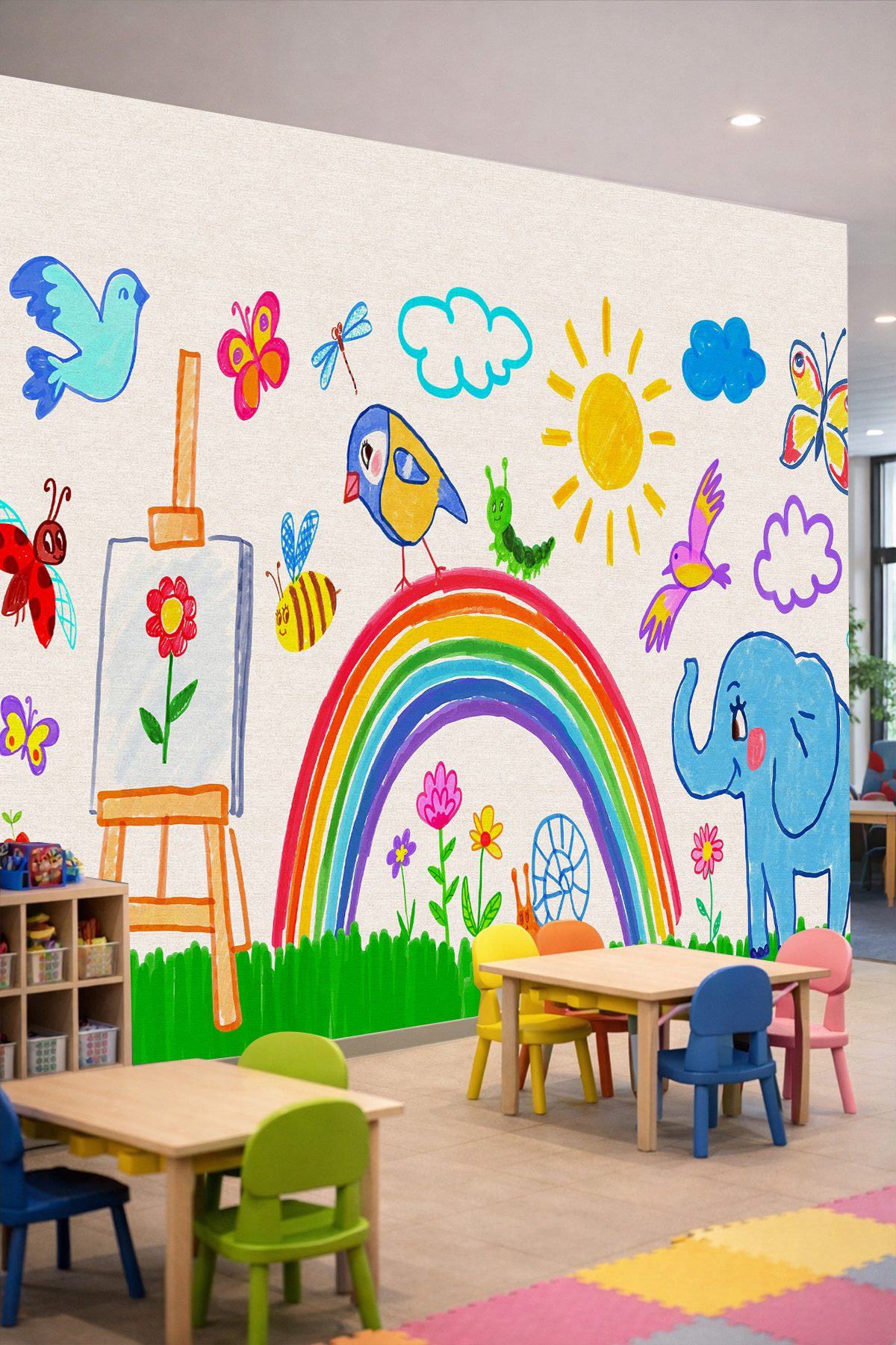 Dreamwall Çocuk Çizimi Tarzında Resim Sehpası, Gökkuşağı, Fil ve Doğa Motifli Tek Parça Tekstil Duvar Kağıdı görsel 1