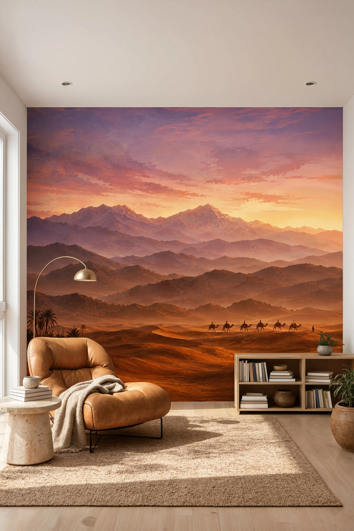 Dreamwall Çölün Sessiz Yolculuğu- Dağlar Çöl ve Kervan Desenli Tek Parça Tekstil Duvar Kağıdı görsel 1