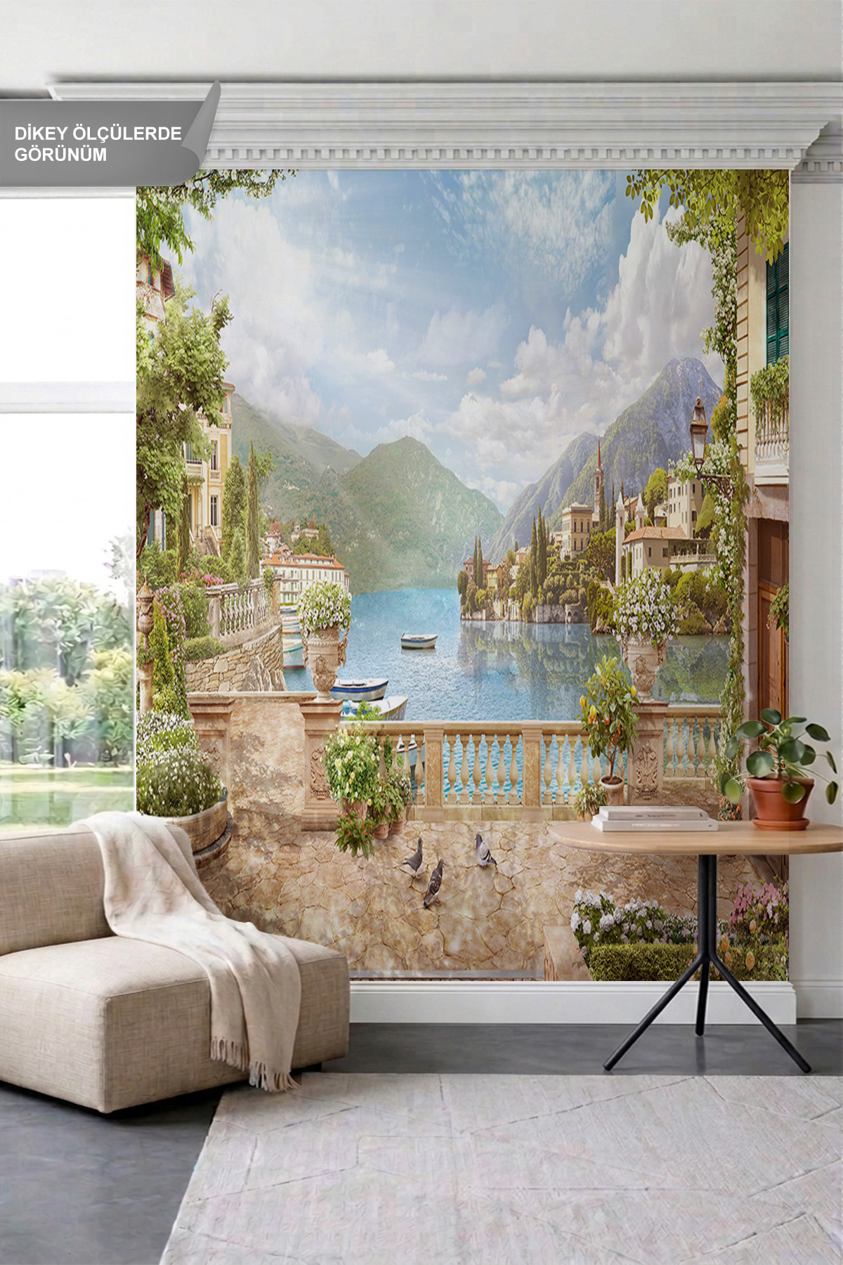 Dreamwall Dağlar ve Göl Manzaralı Çiçekli Teras Tek Parça Tekstil Duvar Kağıdı görsel 1