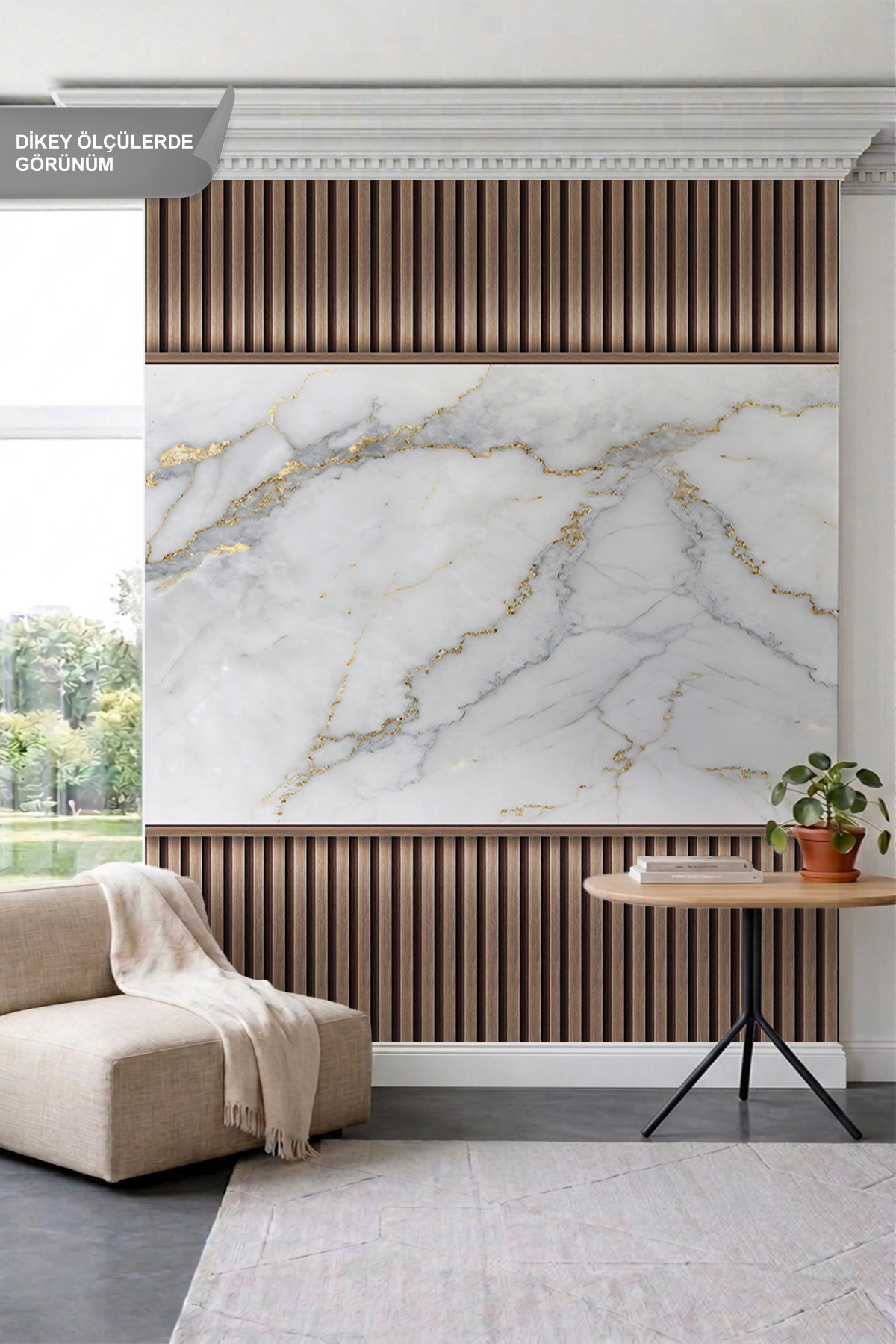 Dreamwall Damarlı Mermer Pano ve Dikey Ahşap Çıta Görünümlü Lüks Tek Parça Tekstil Duvar Kağıdı görsel 1