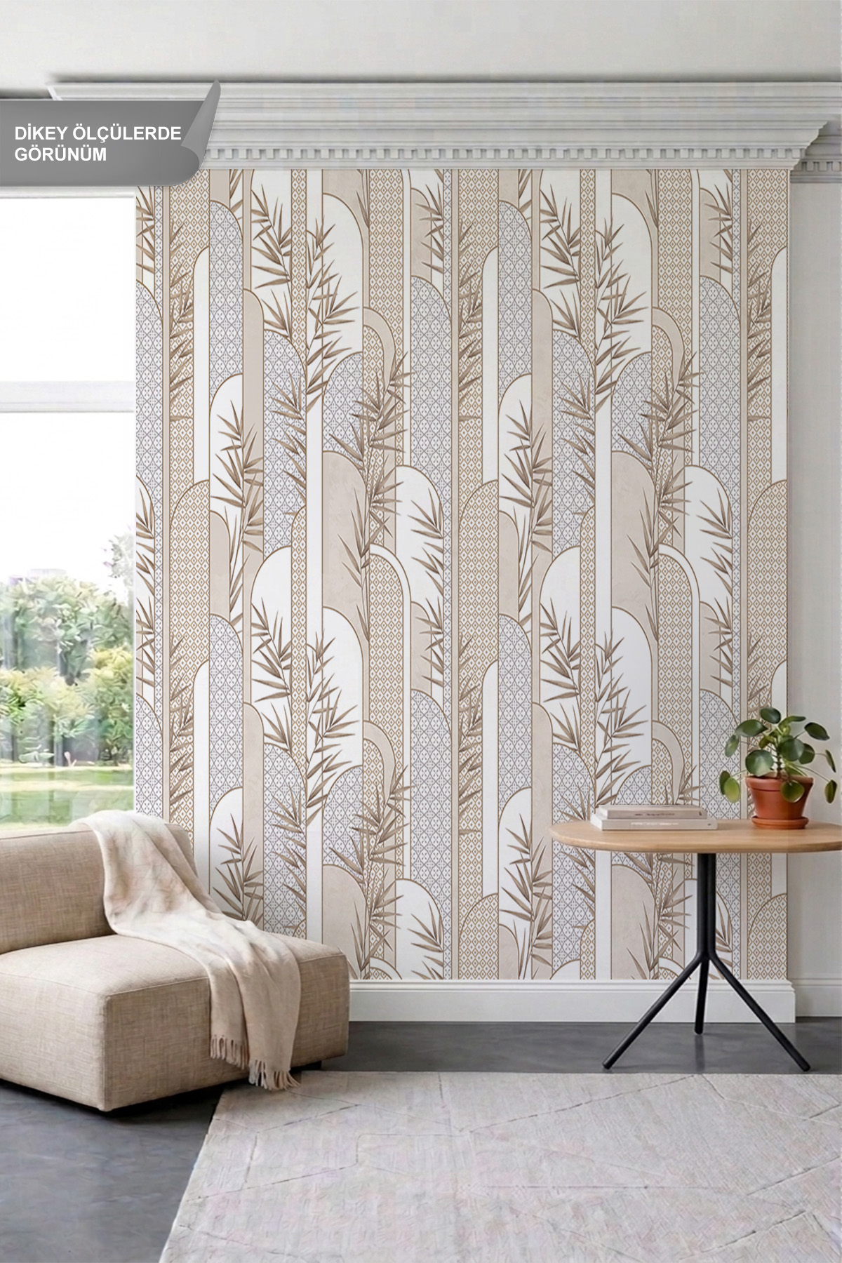 Dreamwall Dikey Kemerli Çizgiler, Bambu Dalları ve Geometrik Desenli Tek Parça Tekstil Duvar Kağıdı görsel 1