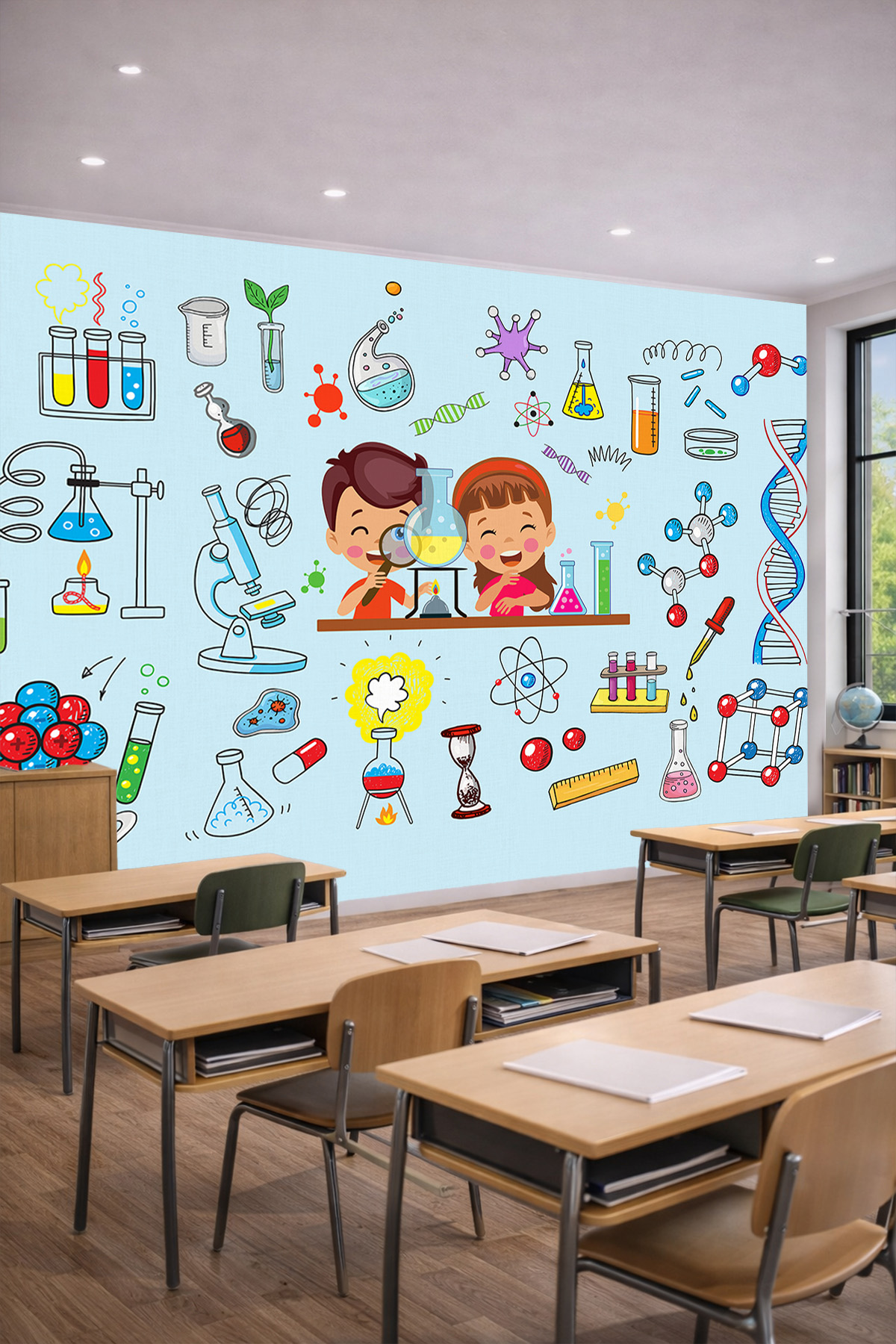 Dreamwall DNA Sarmalı, Molekül Modelleri ve Bilim Temalı Tek Parça Tekstil Duvar Kağıdı görsel 1