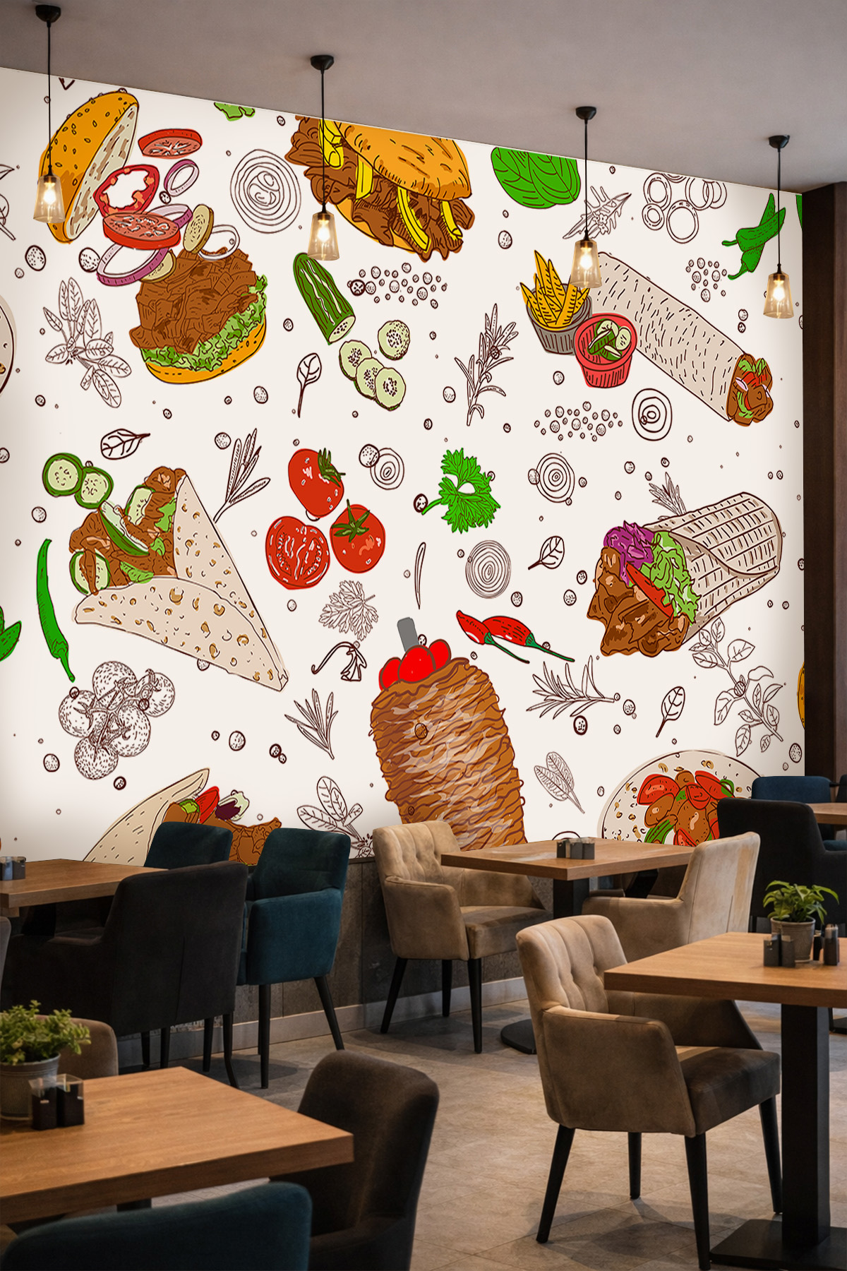 Dreamwall Döner, Dürüm ve Burger İllüstrasyonlu Restoran ve Kafe Tek Parça Tekstil Duvar Kağıdı görsel 1