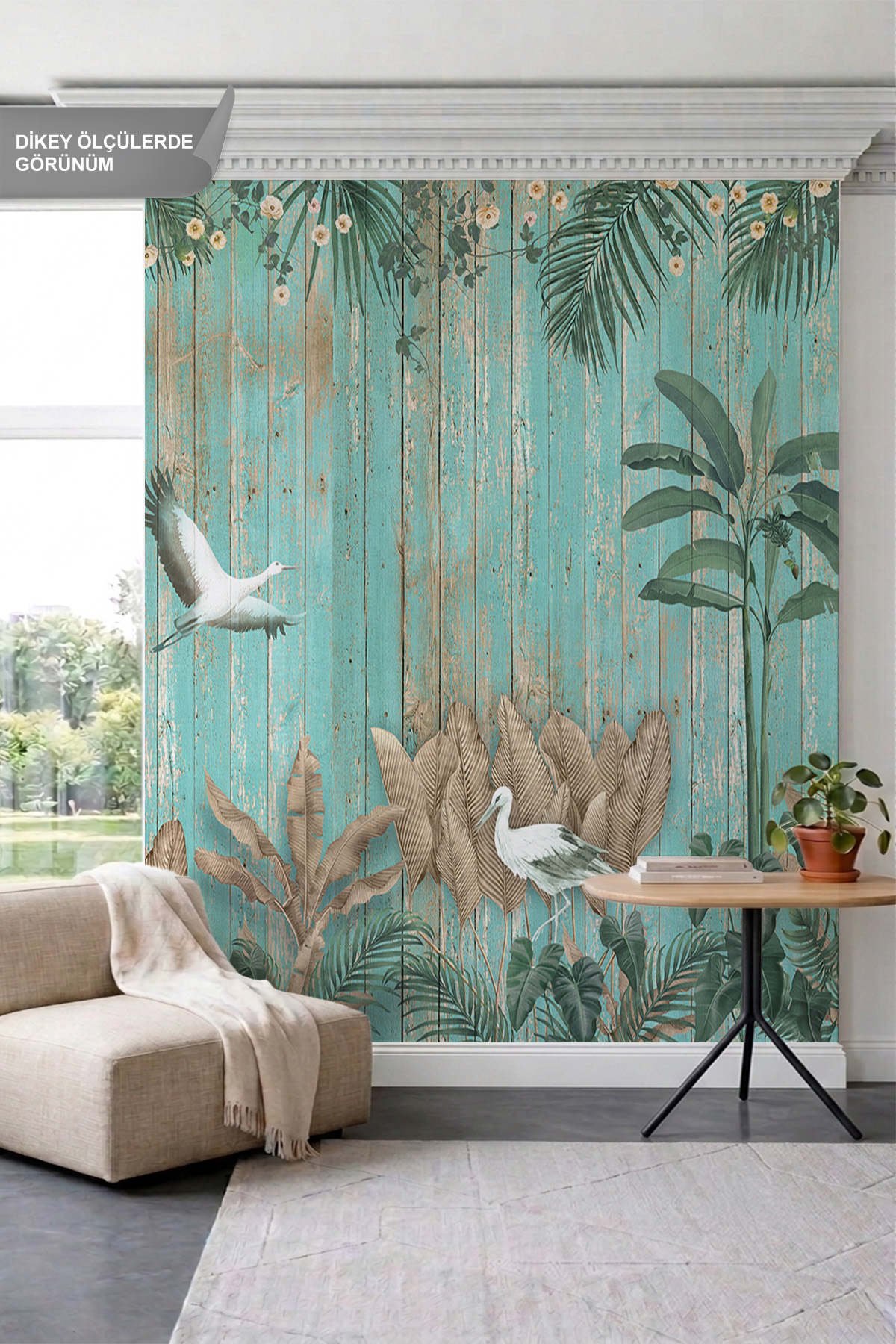 Dreamwall Eskitme Ahşap Panel, Turna Kuşları ve Tropikal Yaprak Desenli Tek Parça Tekstil Duvar Kağıdı görsel 1