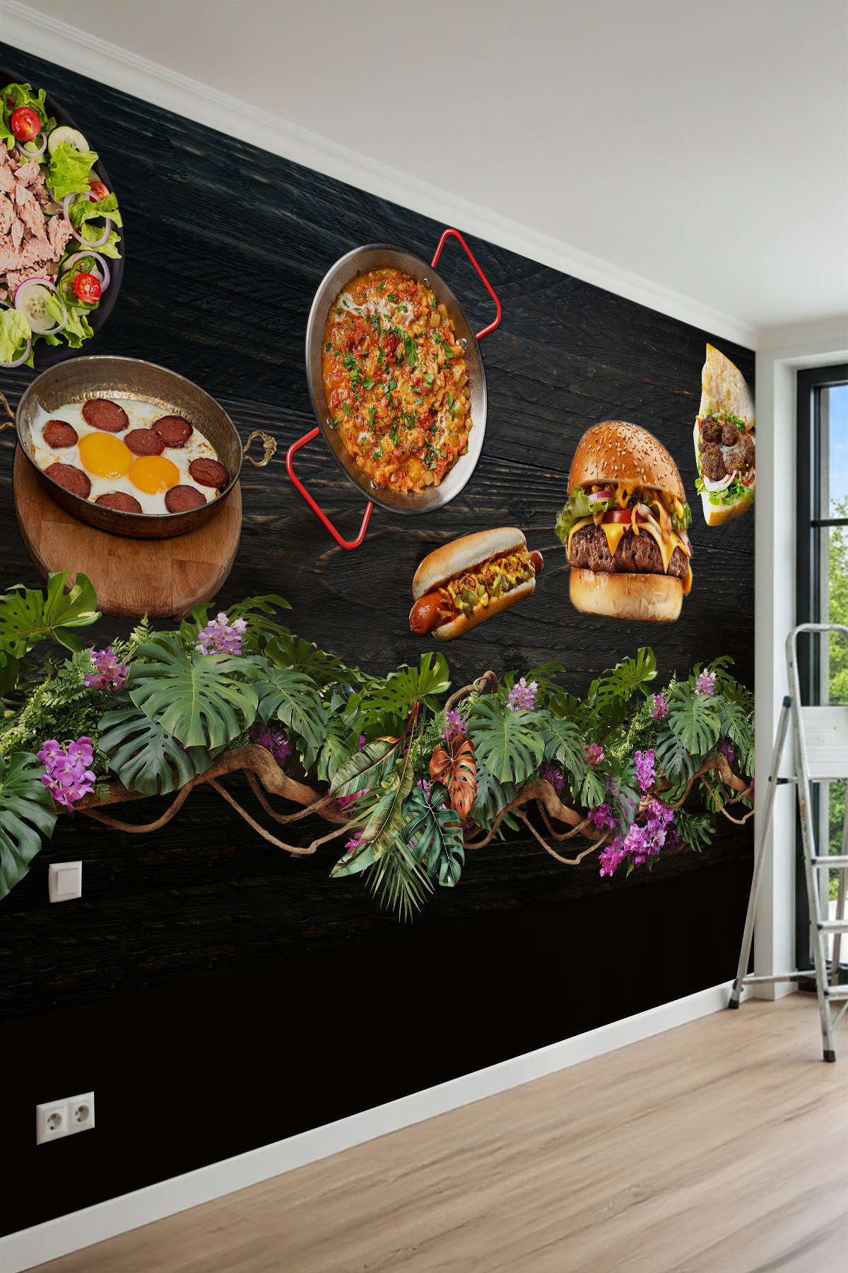 Dreamwall Fast-Food Lezzetler, Sıcak Yemekler ve Tropikal Çiçek Motifli Tek Parça Tekstil Duvar Kağıdı görsel 1