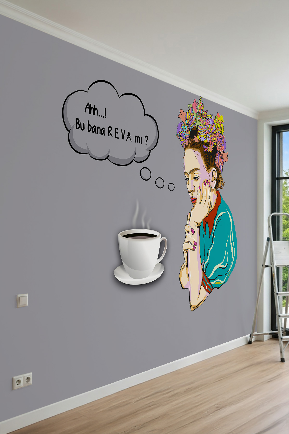 Dreamwall Frida Kahlo Esintili, Kahve ve Tipografi Temalı Tek Parça Tekstil Duvar Kağıdı görsel 1