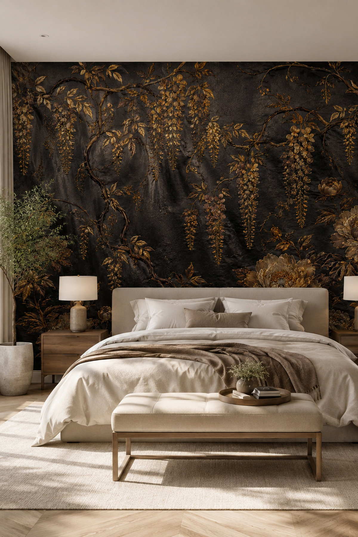 Dreamwall Gece Bahçesi Gold Botanik Temalı Tek Parça Tekstil Duvar Kağıdı görsel 1