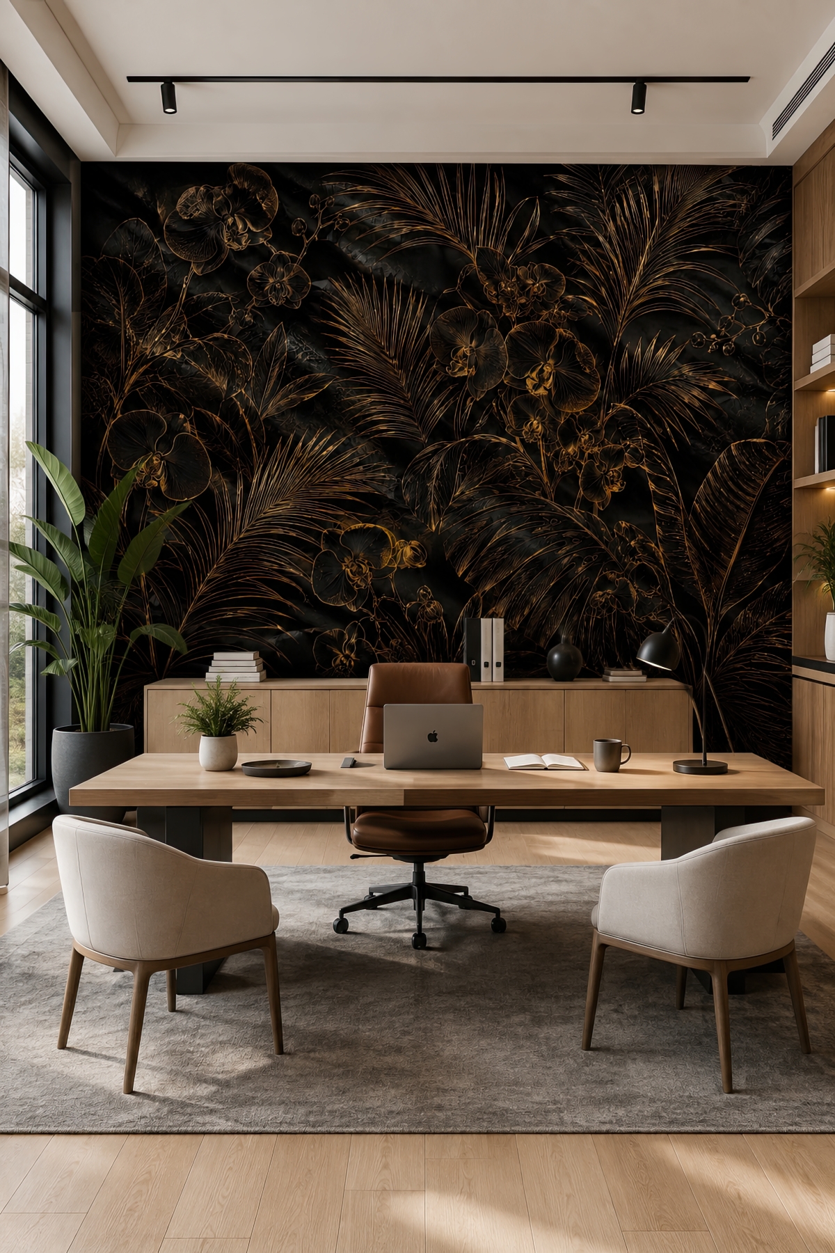 Dreamwall Gece Ormanının Altın Çizgileri- Çiçek Desenli Tek Parça Tekstil Duvar Kağıdı görsel 1