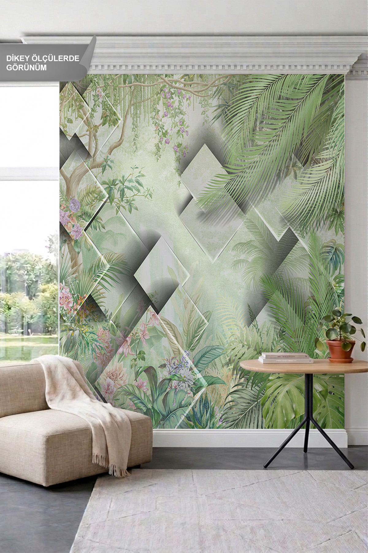 Dreamwall Geometrik Kare Bloklar, Tropikal Yapraklar ve Egzotik Bitki Motifli Tek Parça Tekstil Duvar Kağıdı görsel 1