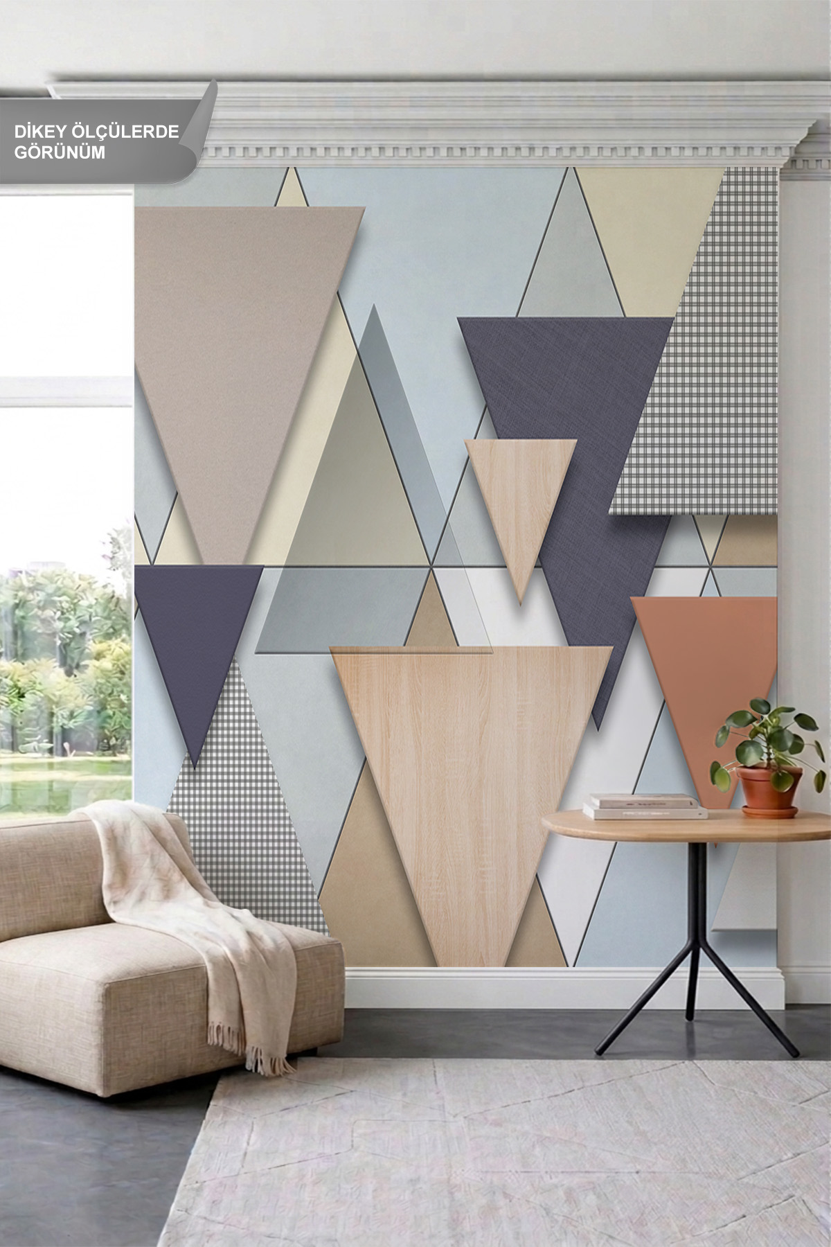 Dreamwall Geometrik Üçgen Bloklar, Ahşap ve Ekoseli Desenli Tek Parça Tekstil Duvar Kağıdı görsel 1