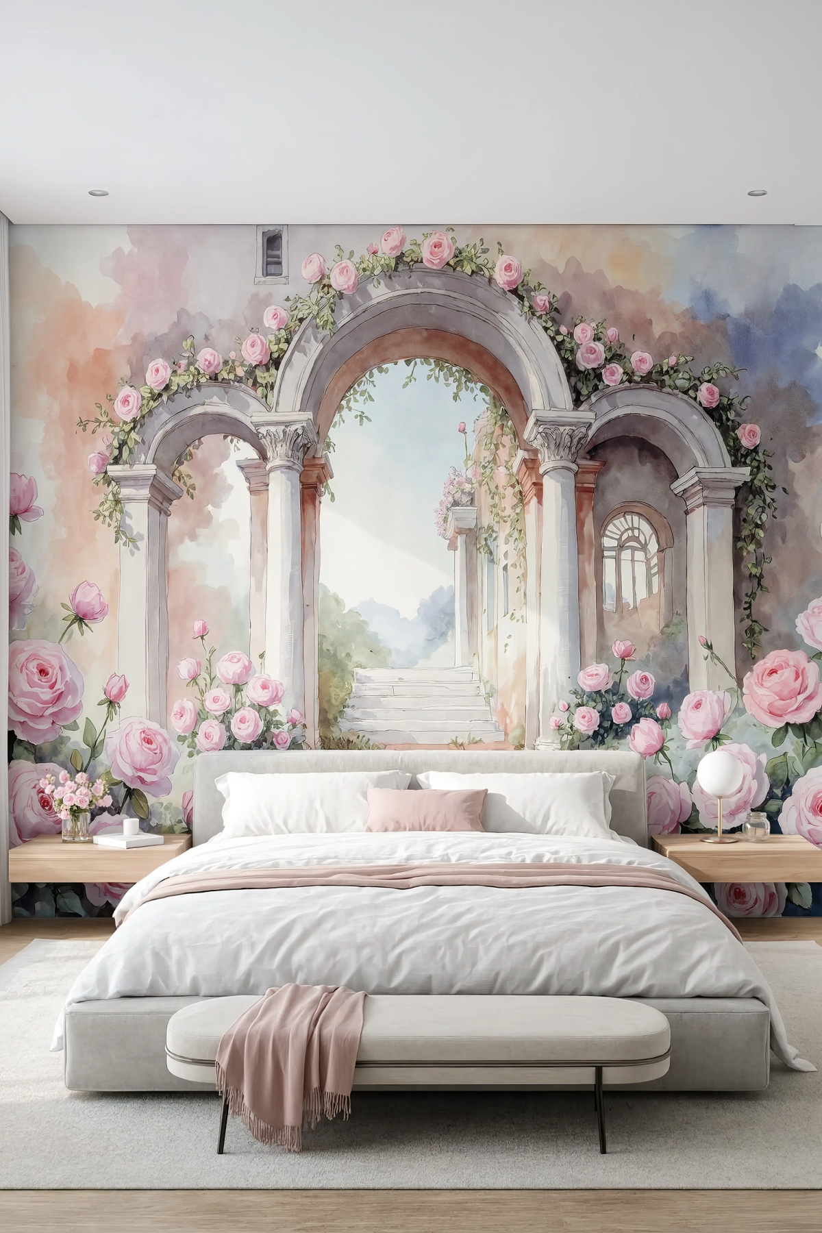 Dreamwall Güllerin Ardında- Gül Sarmaşıklı Sütun Desenli Tek Parça Tekstil Duvar Kağıdı görsel 1