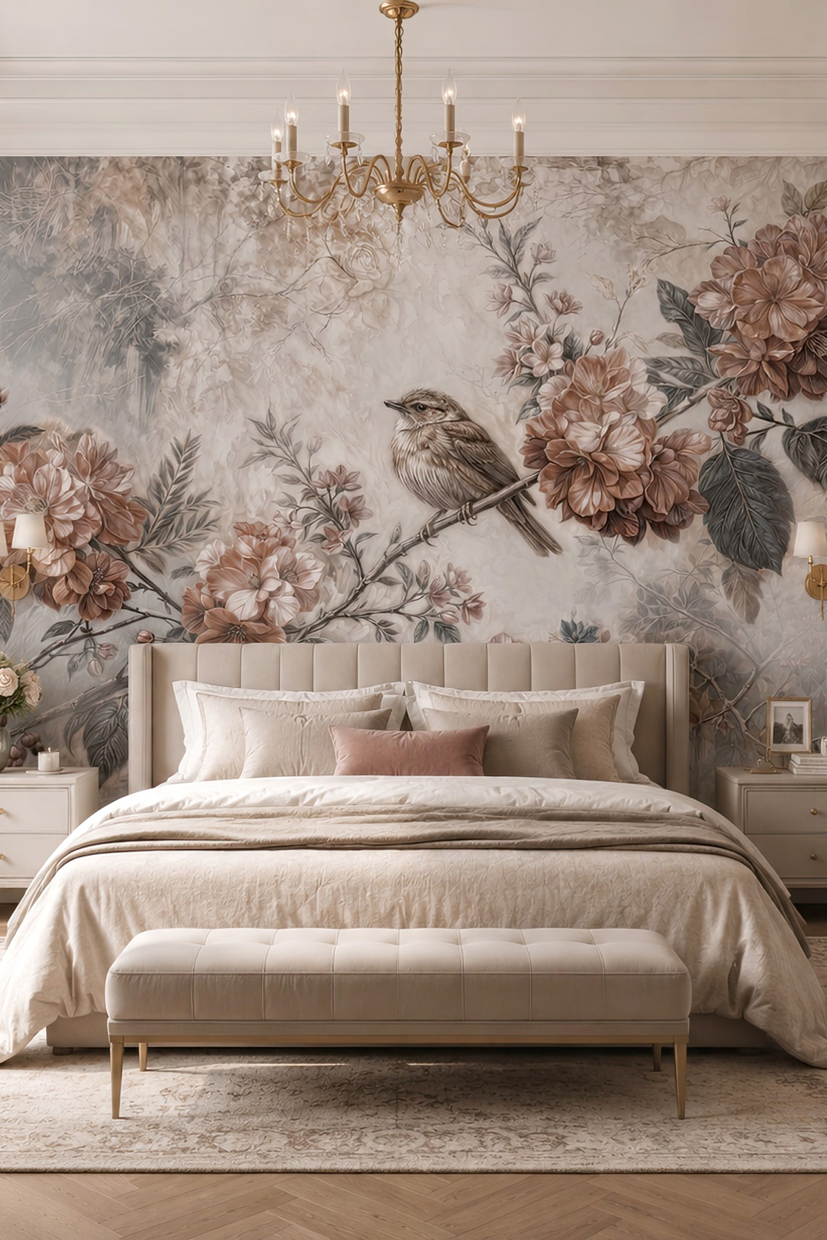Dreamwall Gümüş Bahçe Kuş ve Botanik Desenli Tek Parça Tekstil Duvar Kağıdı görsel 1