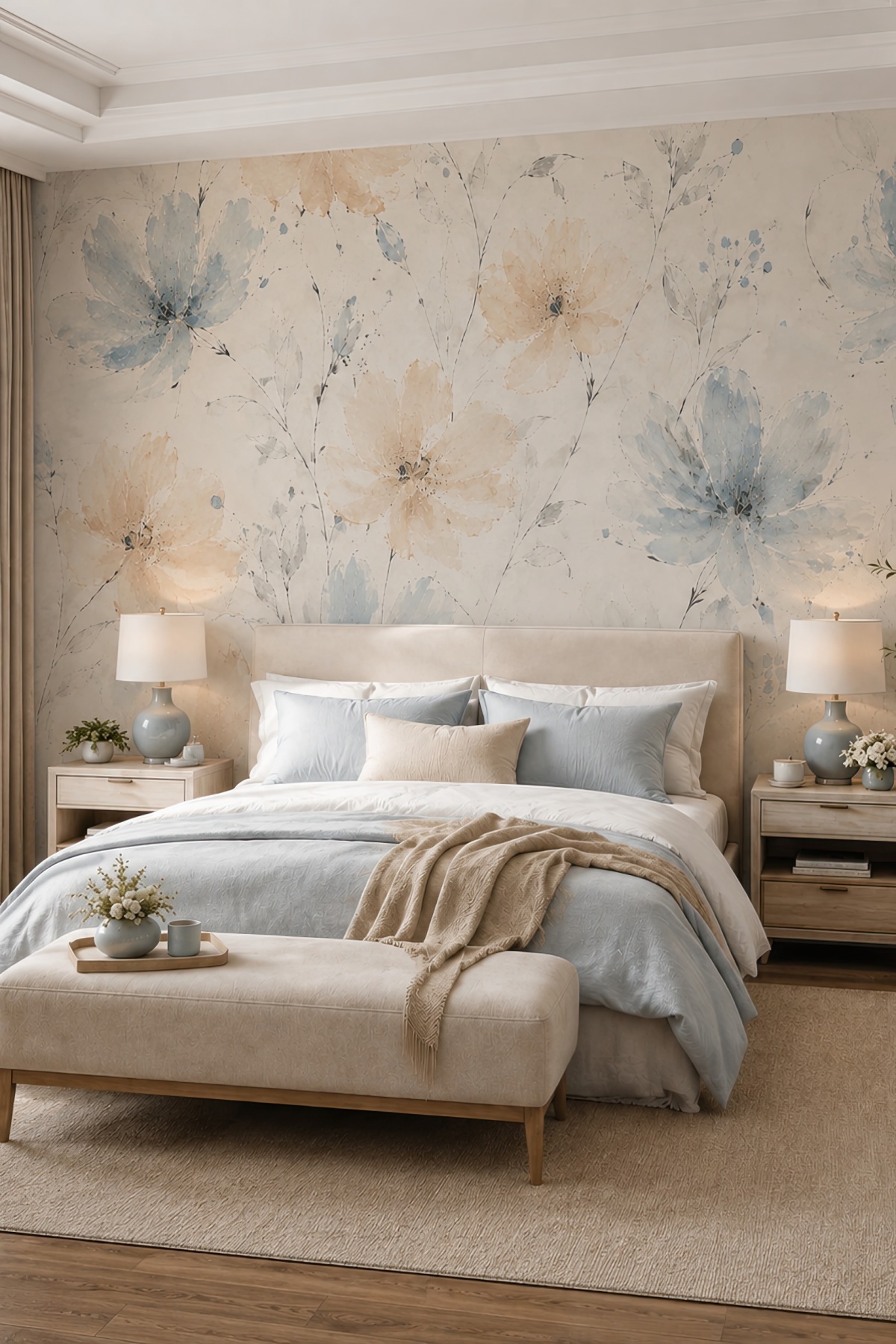 Dreamwall İlk Eskiz-Soft Suluboya Çiçek Desenli Tek Parça Tekstil Duvar Kağıdı görsel 1