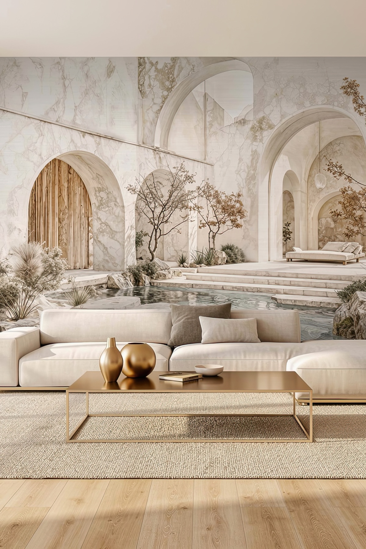 Dreamwall Işığın Avlusu- Mermer Kemerli Akdeniz Evi Temalı Tek Parça Tekstil Duvar Kağıdı görsel 1