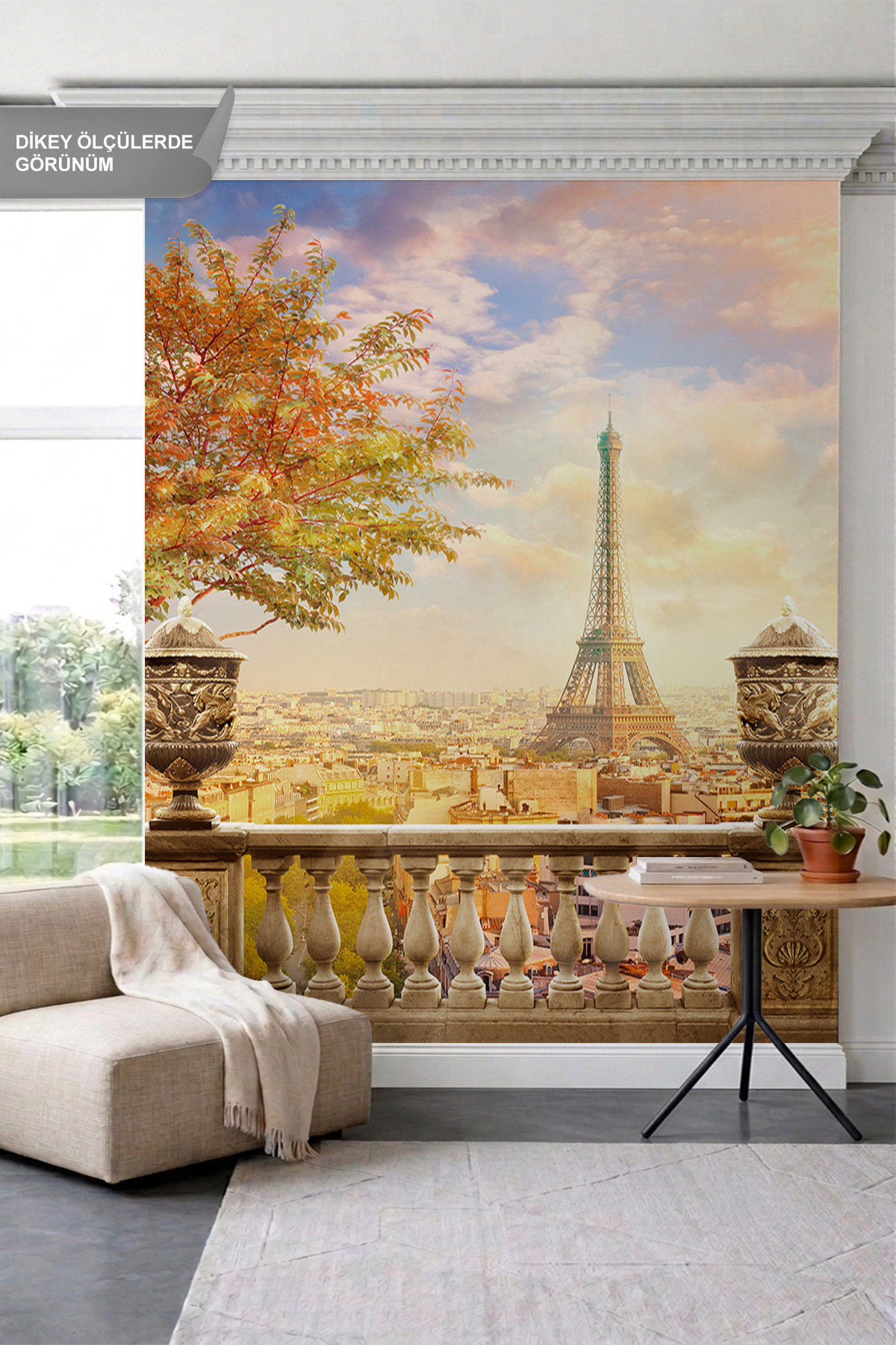 Dreamwall İşlemeli Saksılar ve Paris Eyfel Kulesi Manzaralı Teras Tek Parça Tekstil Duvar Kağıdı görsel 1
