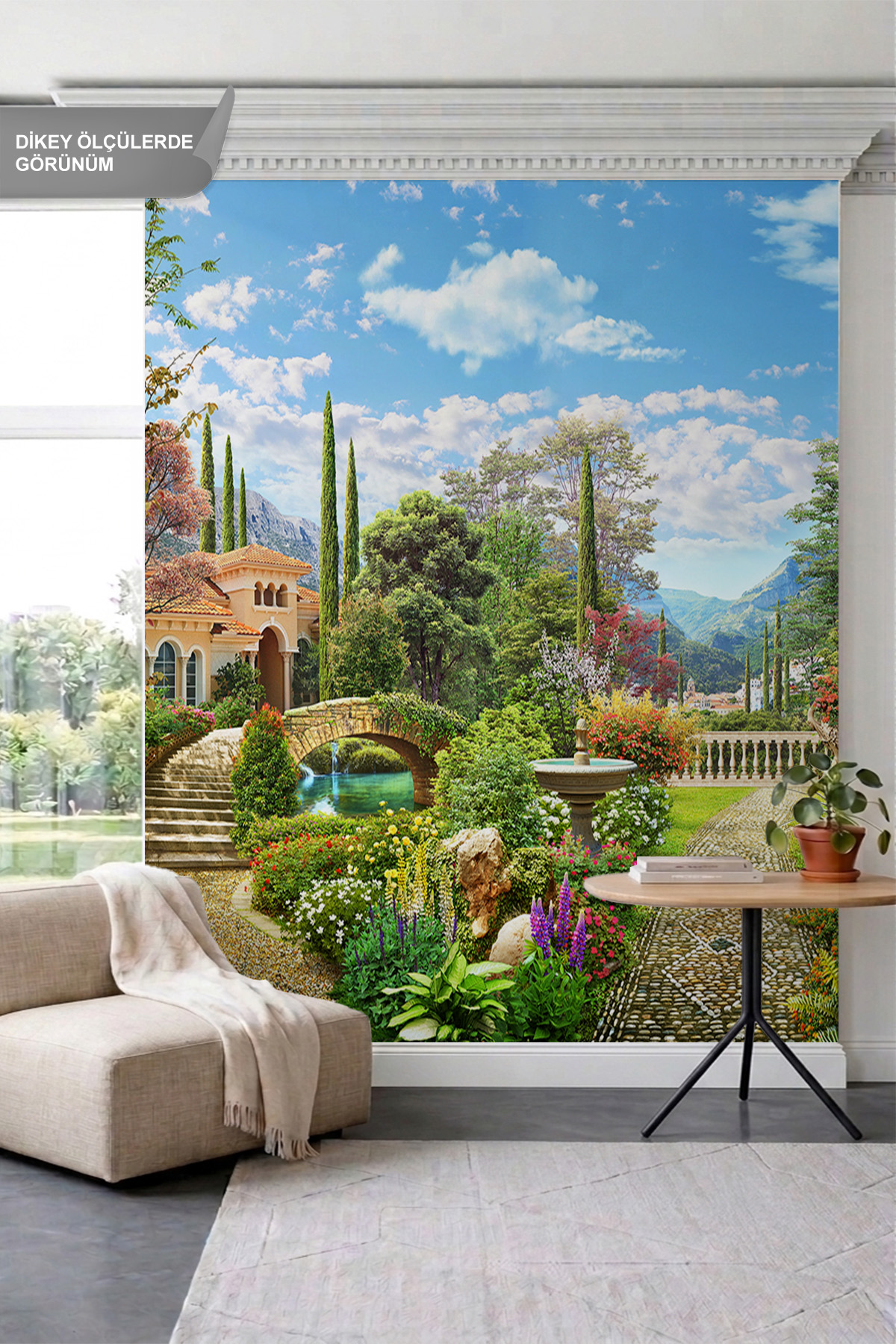 Dreamwall İtalyan Villası, Bahçe Yolu ve Peyzaj Manzaralı Tek Parça Tekstil Duvar Kağıdı görsel 1