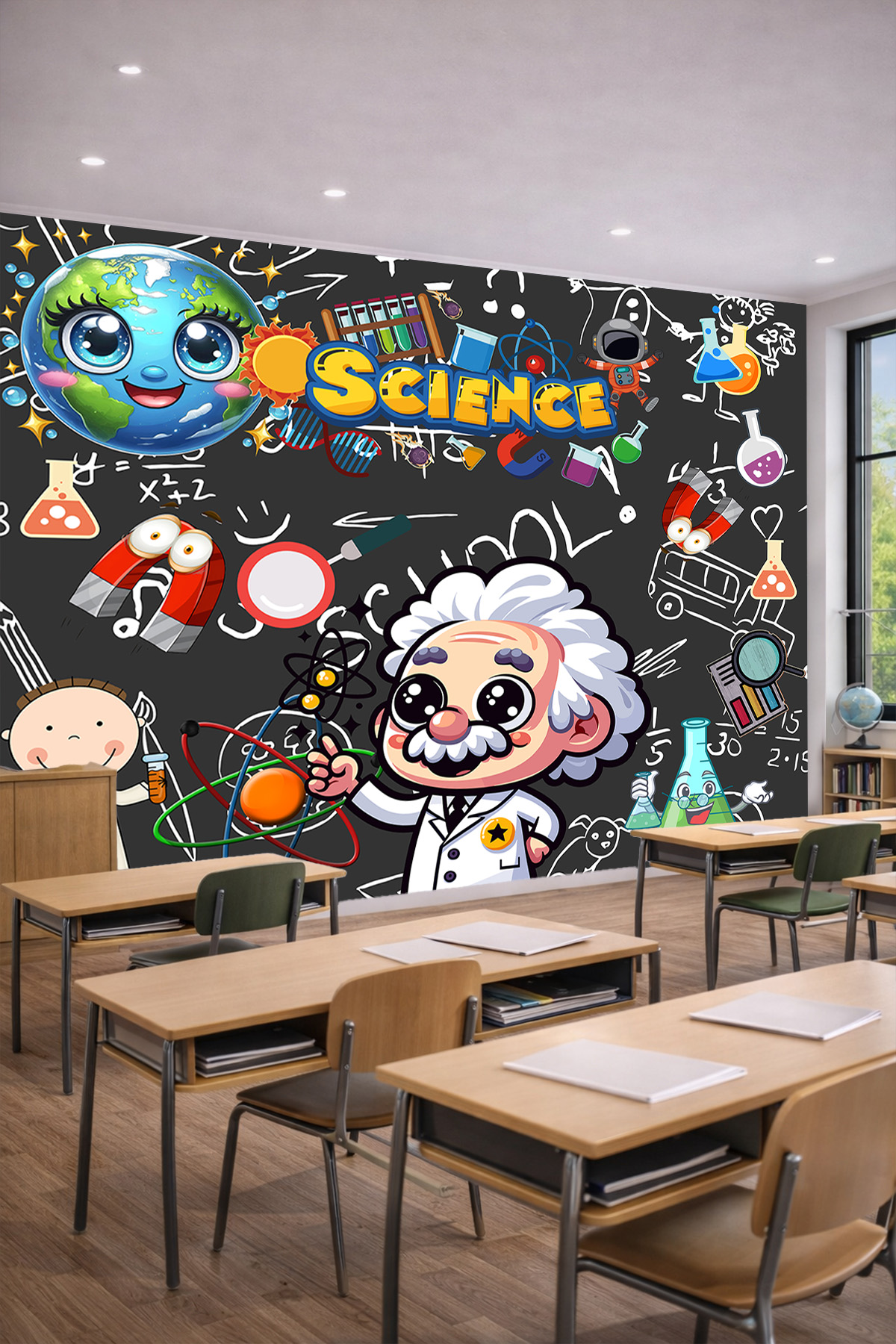 Dreamwall Kara Tahta Arka Planlı, Sevimli Bilim İnsanı ve Laboratuvar Araçları Motifli Tek Parça Tekstil Duvar Kağıdı görsel 1
