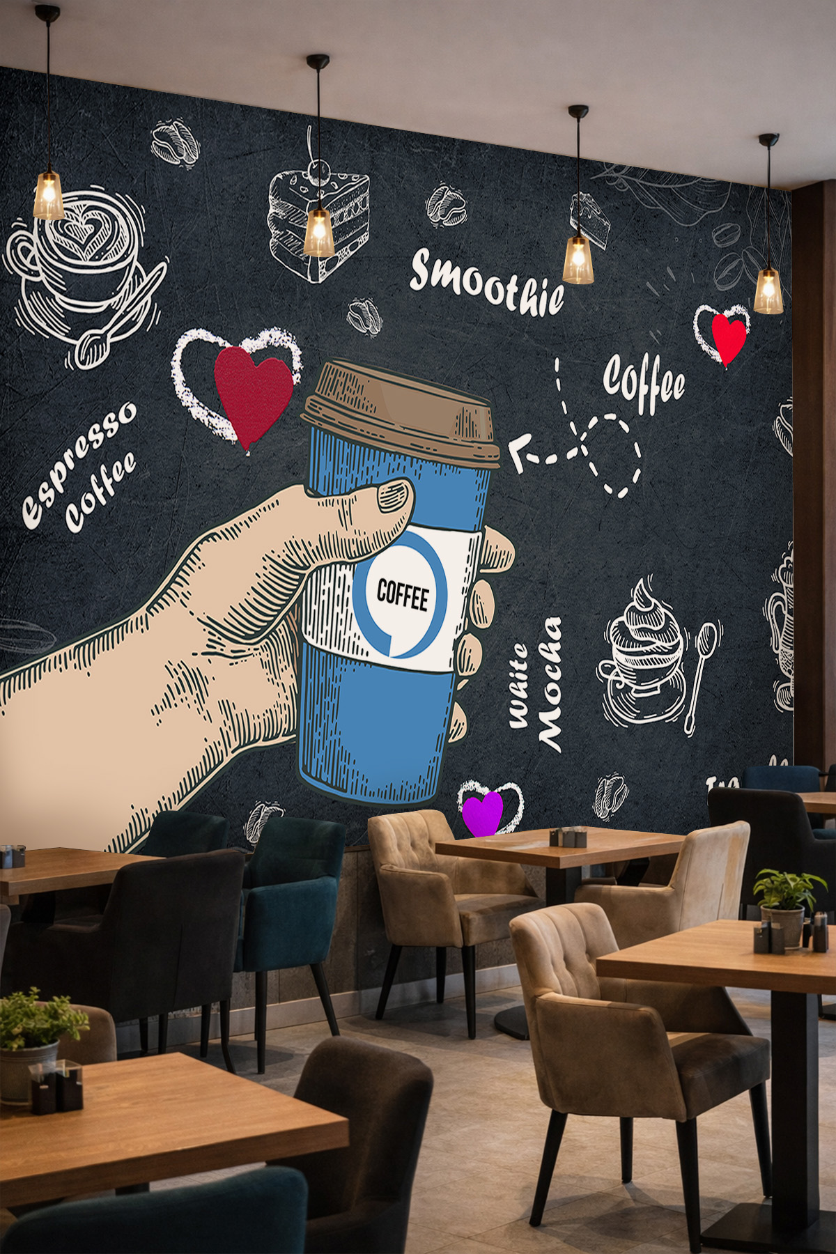 Dreamwall Kara Tahta Fonu Üzerinde Kahve Bardağı ve Tipografik Motifli Tek Parça Tekstil Duvar Kağıdı görsel 1