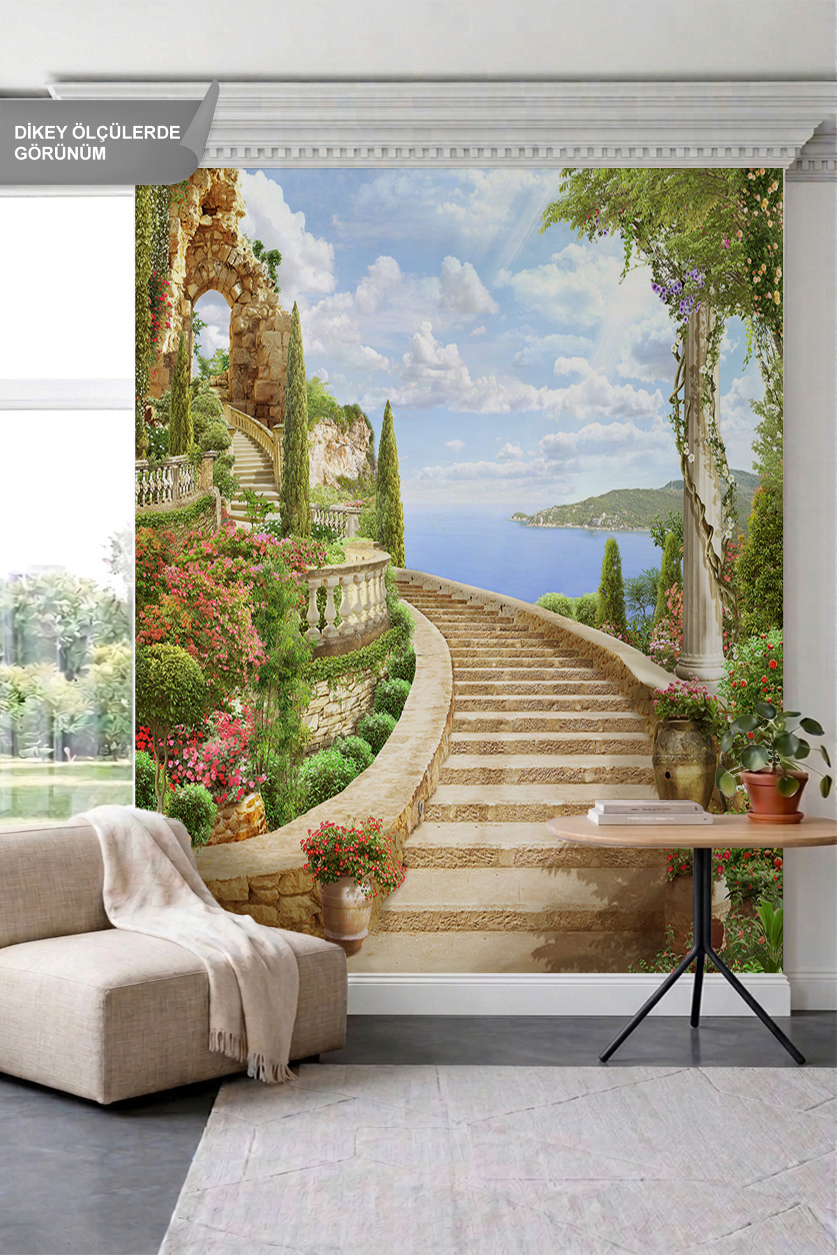 Dreamwall Kıvrımlı Taş Merdivenler, Çiçekli Teraslar ve Deniz Manzaralı Tek Parça Tekstil Duvar Kağıdı görsel 1