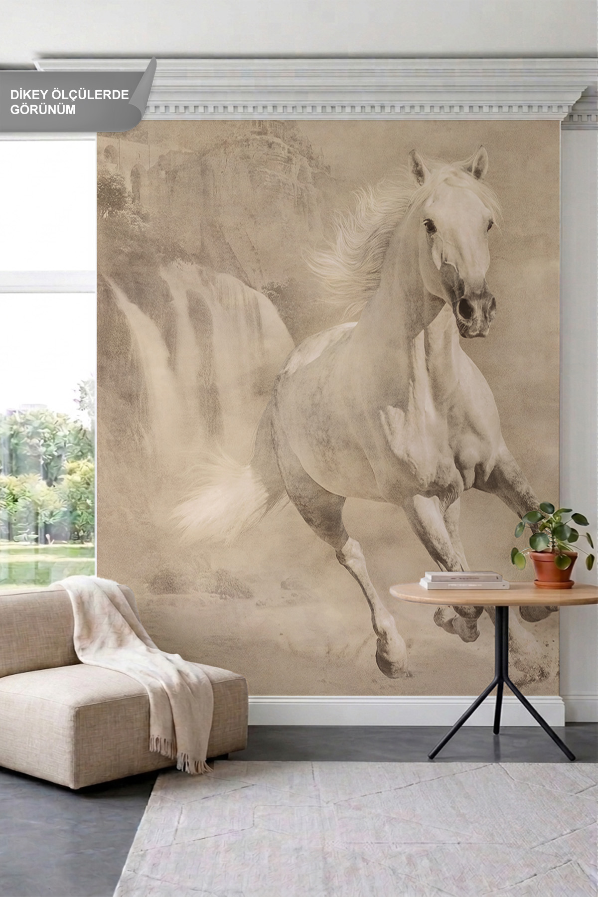 Dreamwall Koşan Beyaz At, Şelale ve Sepiya Tonlarında Doğa Manzaralı Tek Parça Tekstil Duvar Kağıdı görsel 1