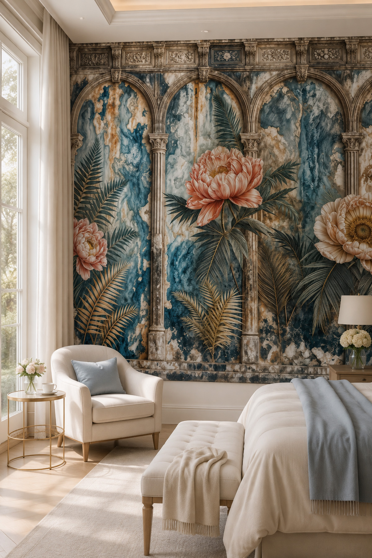 Dreamwall Mavi Sütunlu Mermer Bahçesi Temalı Tek Parça Tekstil Duvar Kağıdı görsel 1