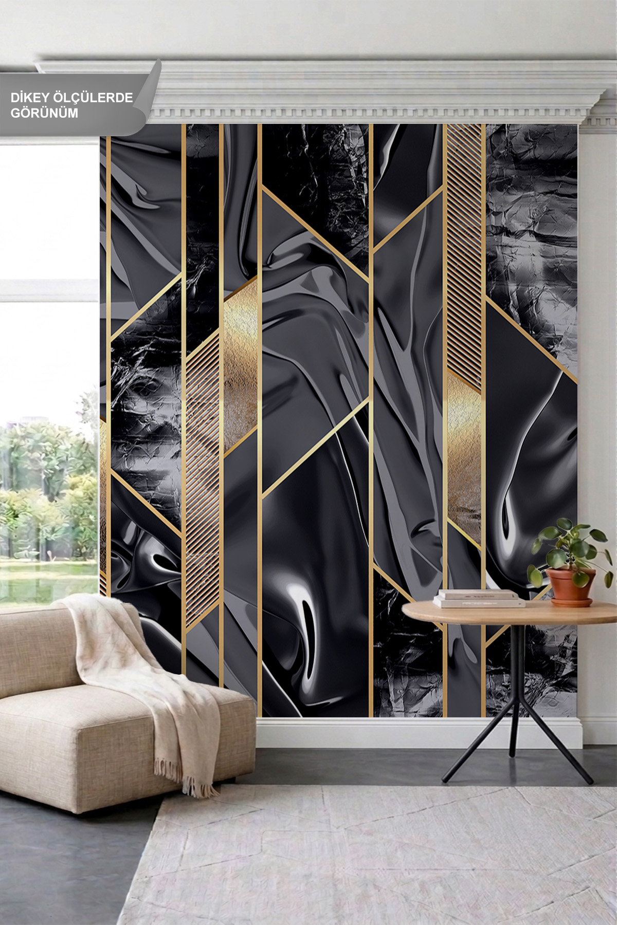 Dreamwall Mermer Doku, Altın Çizgi ve Geometrik Panel Görünümlü Tek Parça Tekstil Duvar Kağıdı görsel 1
