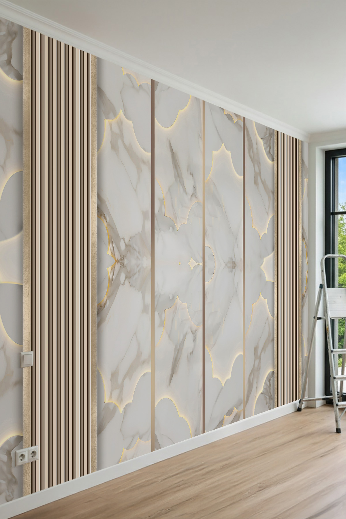 Dreamwall Mermer,Led ışık Efekti ve Ahşap Çıta Desenli Tek Parça Tekstil Duvar Kağıdı görsel 1
