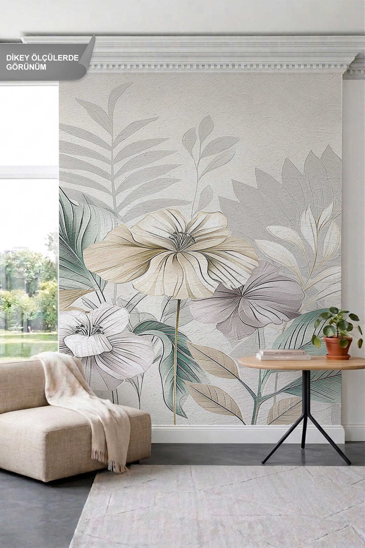 Dreamwall Pastel Çiçek ve Yaprak Çizimleri Motifli Tek Parça Tekstil Duvar Kağıdı görsel 1