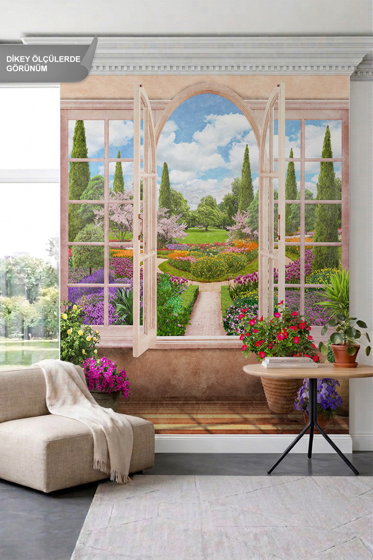 Dreamwall Pencere, Saksı Çiçekleri ve Peyzaj Bahçesi Manzaralı Tek Parça Tekstil Duvar Kağıdı görsel 1